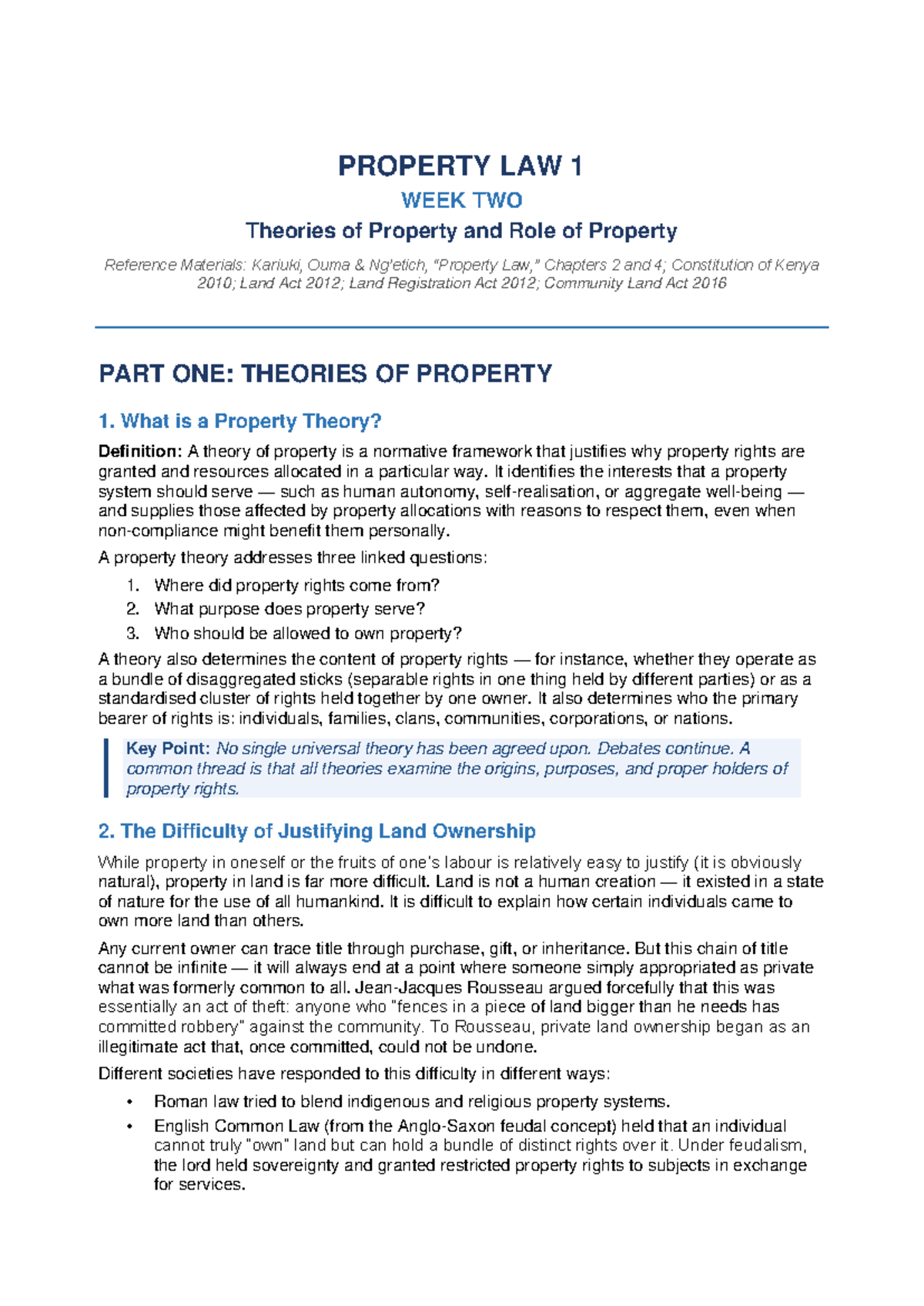 PROPERTY LAW 1 WEEK TWO: Theories of Property and Their Roles - Studocu