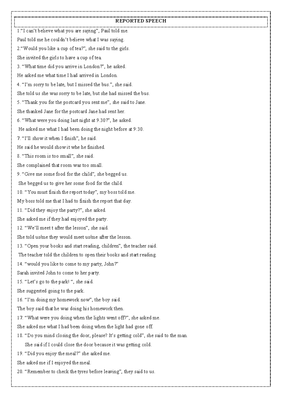 Reported Speech: Handout 2 Keys for Understanding (ENG 101) - Studocu