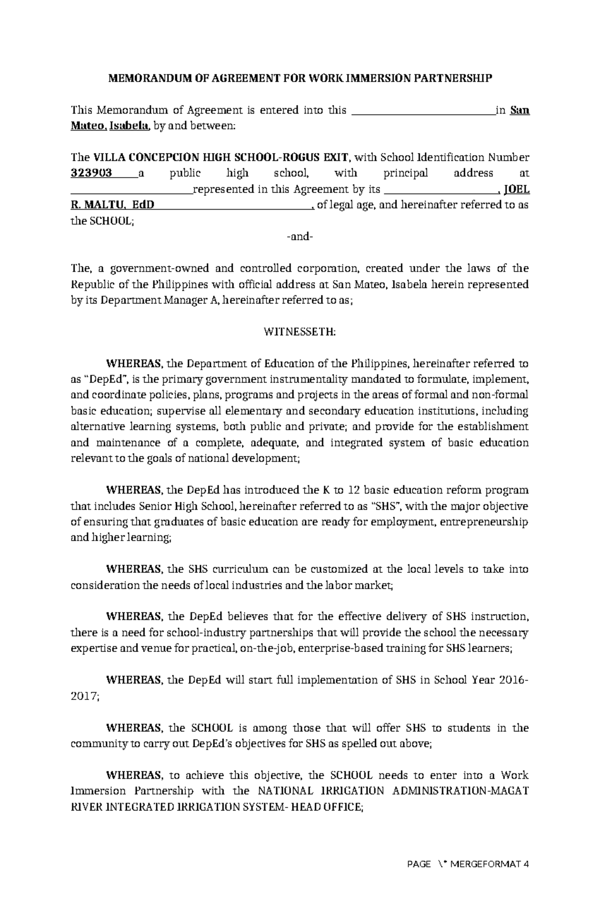 OJT - Memorandum of Agreement for Work Immersion Partnership - Studocu
