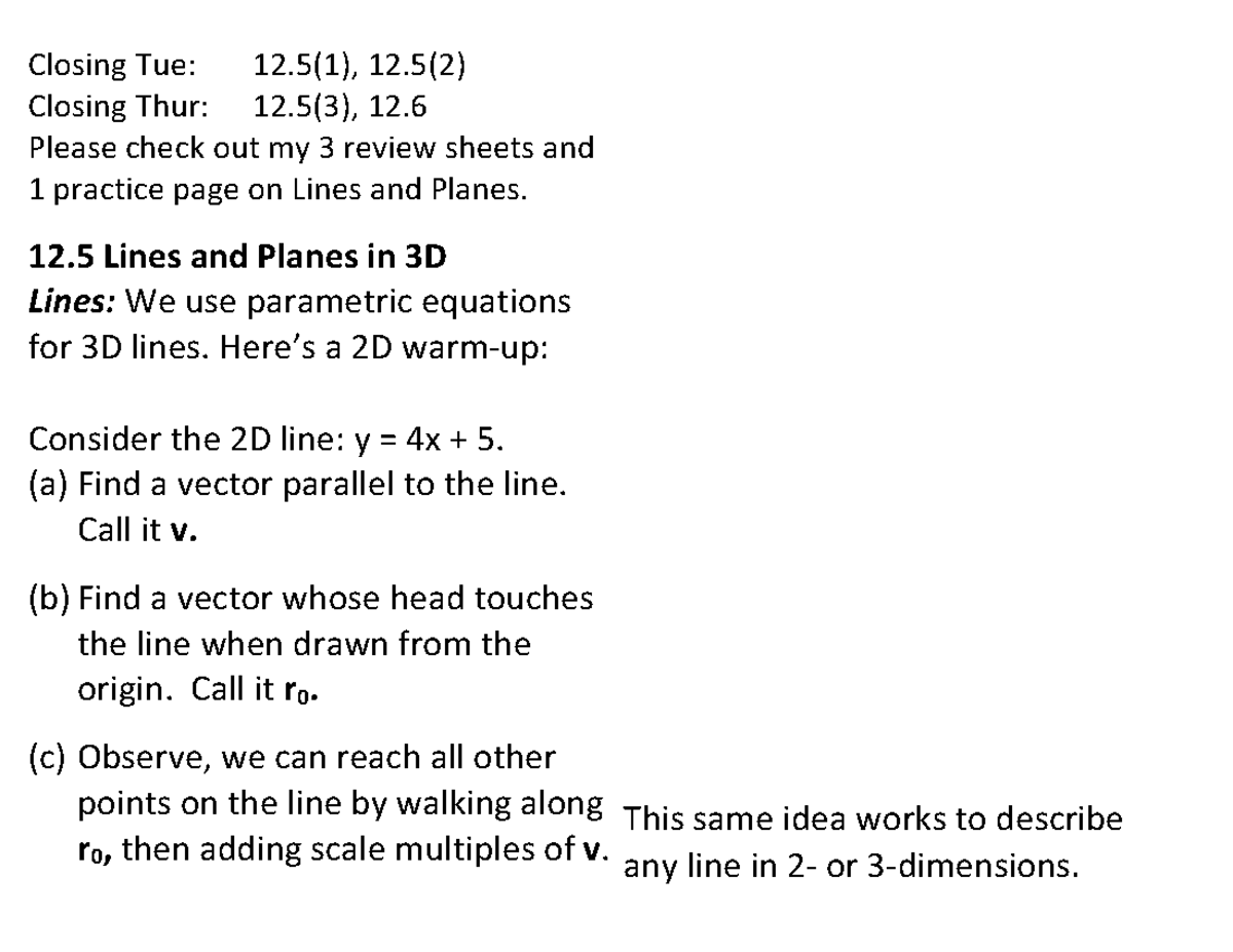 Lines and Planes in 3D - ####### Closing Tue: 12. 5 (1), 12( 2 ...