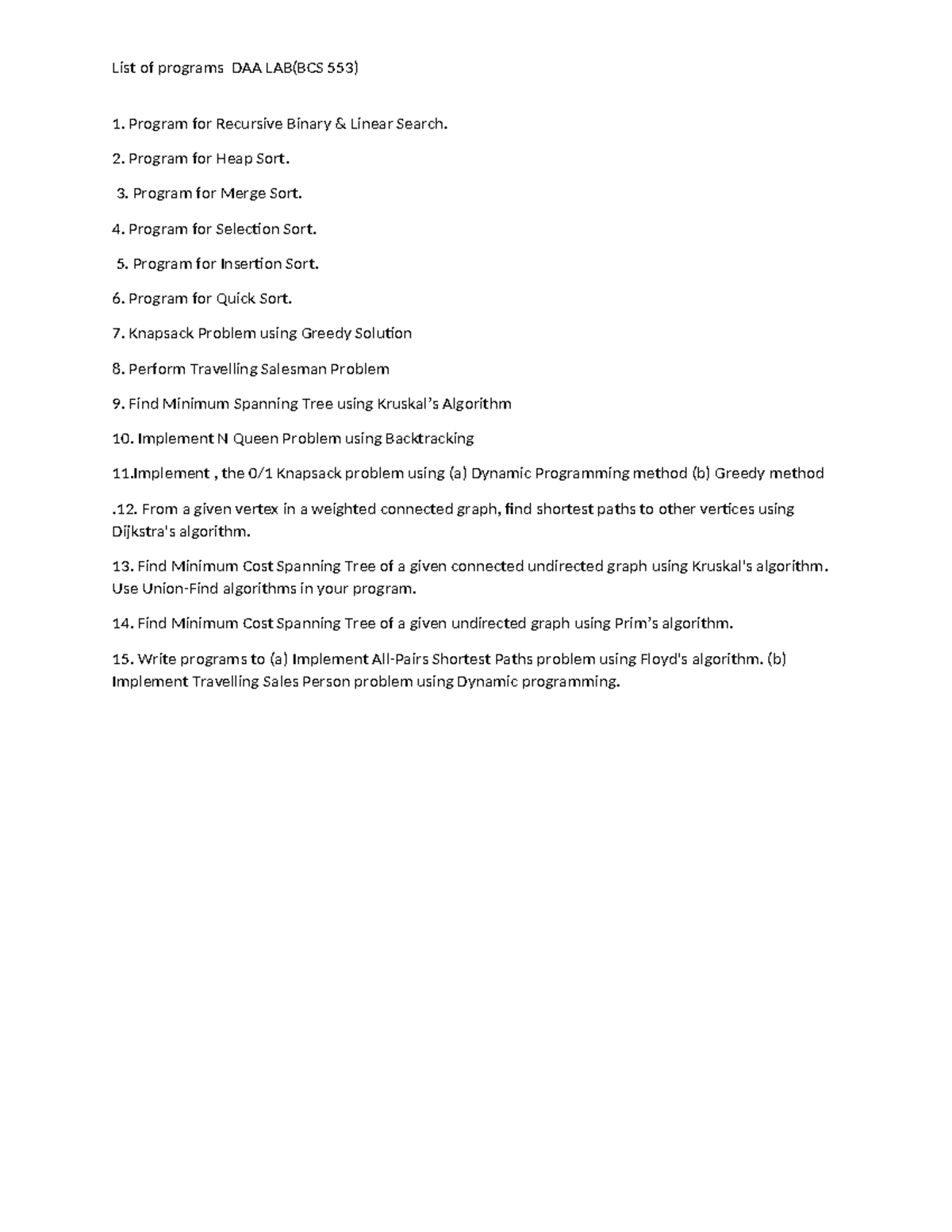 DAA LAB Programs for Assignment (BCS 553) - Comprehensive List - Studocu