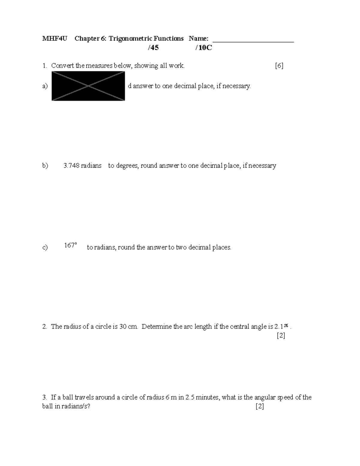 MHF4U Chapter 6 Unit Test: Trigonometric Functions Review - Studocu