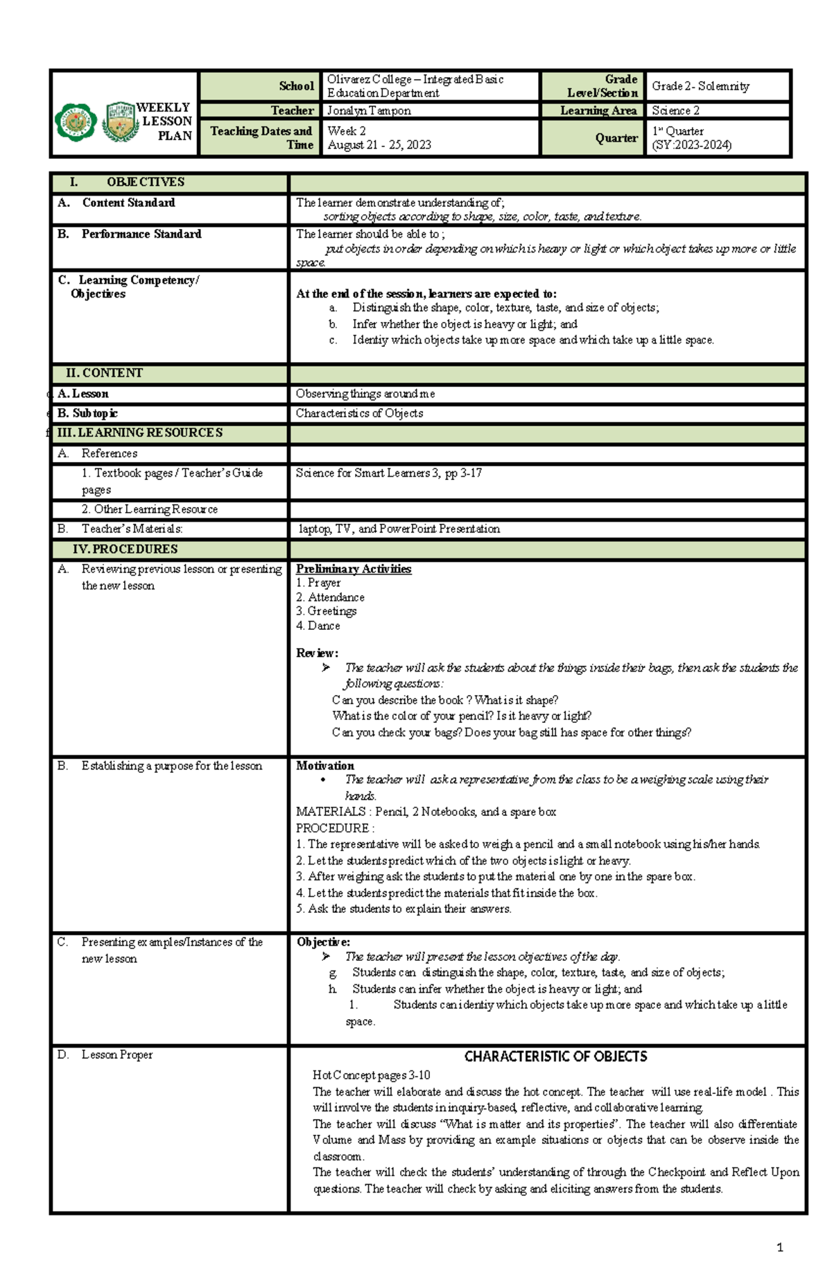 Science 2 - Weekly Lesson Plan for Grade 2 (Aug 21-25, 2023) - Studocu