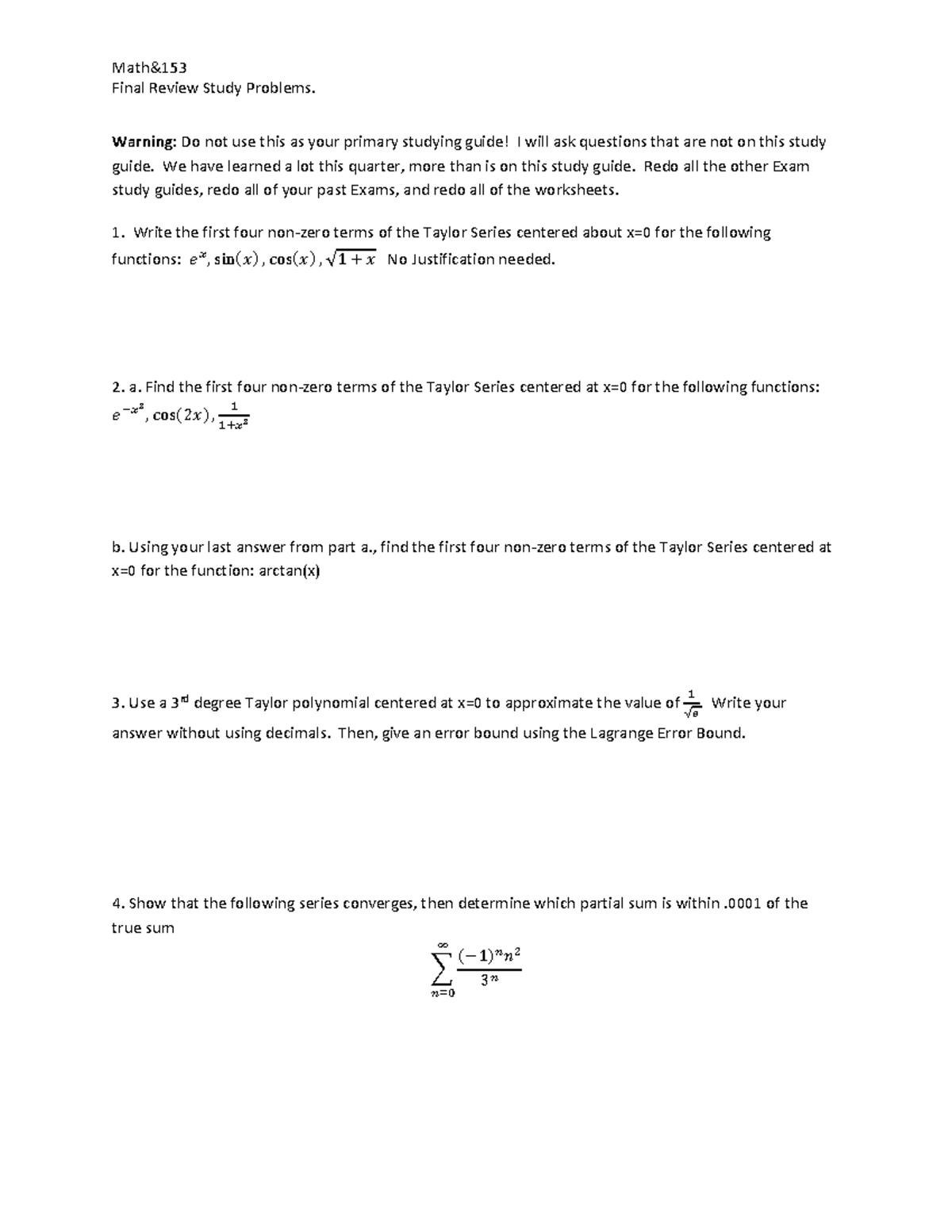 Math&153 Final Exam Review: Study Problems & Solutions Overview - Studocu