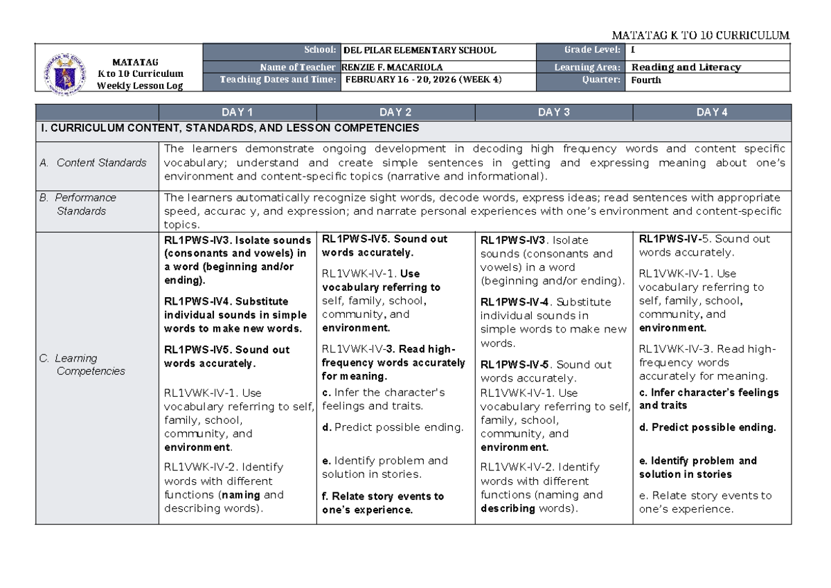 DTC DLL Matatag K to 10 Reading & Literacy Weekly Lesson Log (Q4 W4 ...