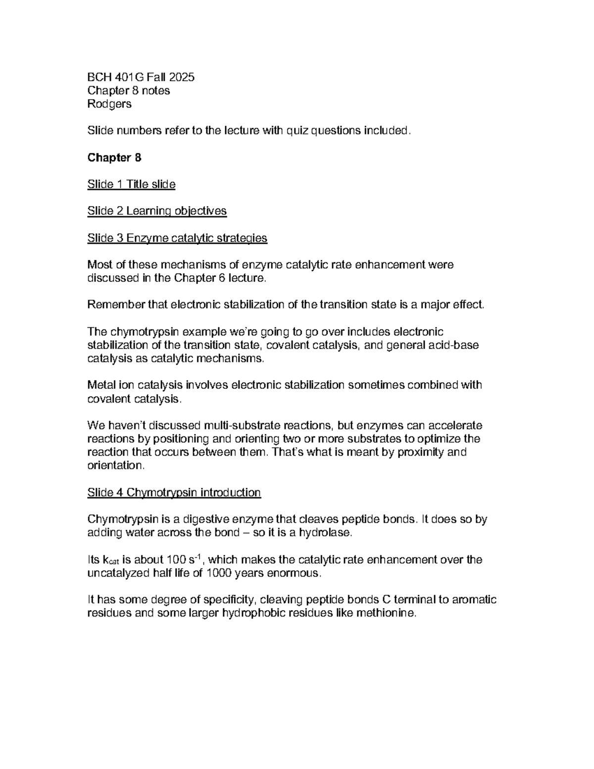 BCH 401G Fall 2025 Chapter 8: Enzyme Mechanisms & Catalysis Notes - Studocu
