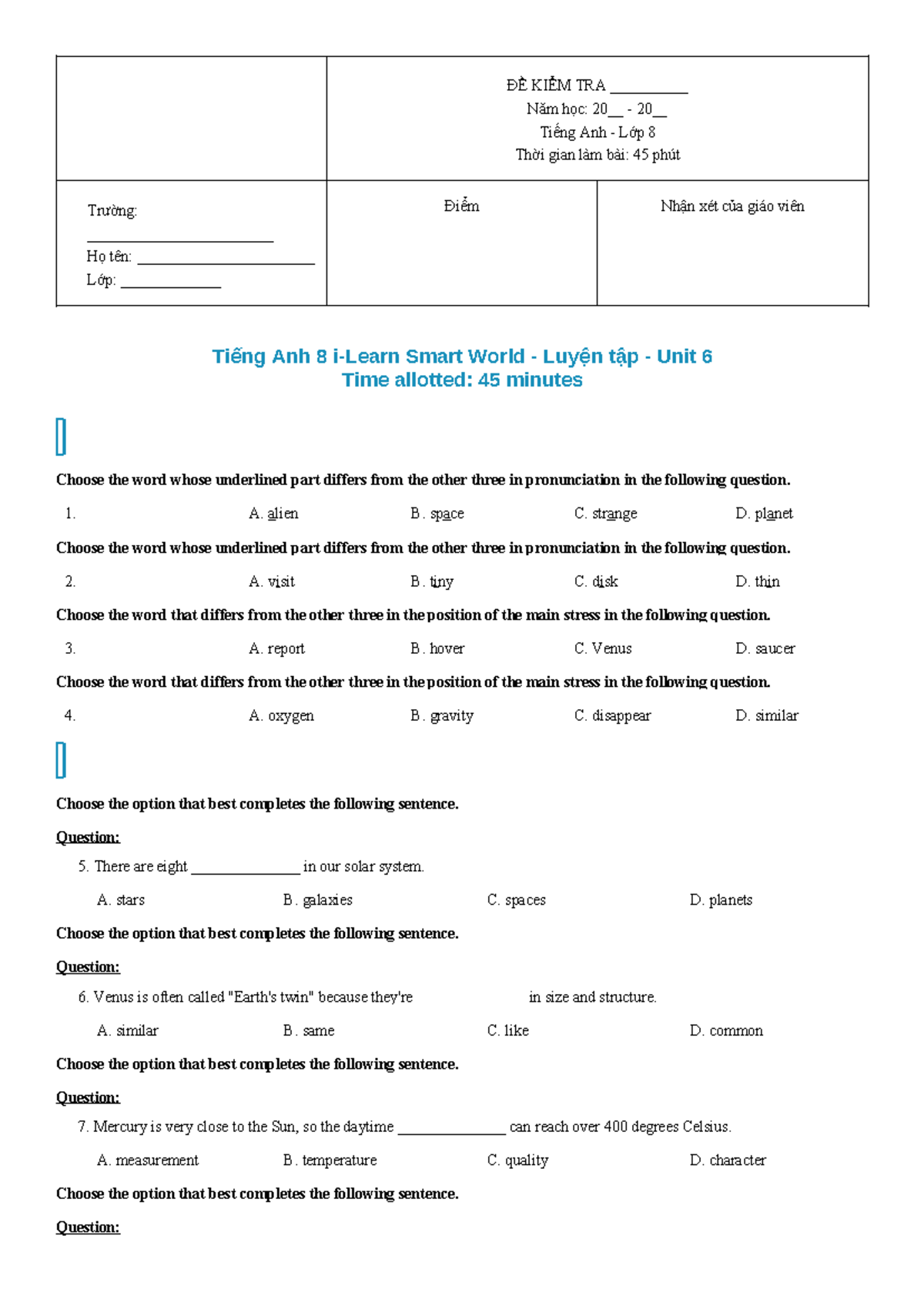 Tiếng Anh 8 i-Learn Smart World - Luyện tập Unit 6 - Đề Kiểm Tra - Studocu