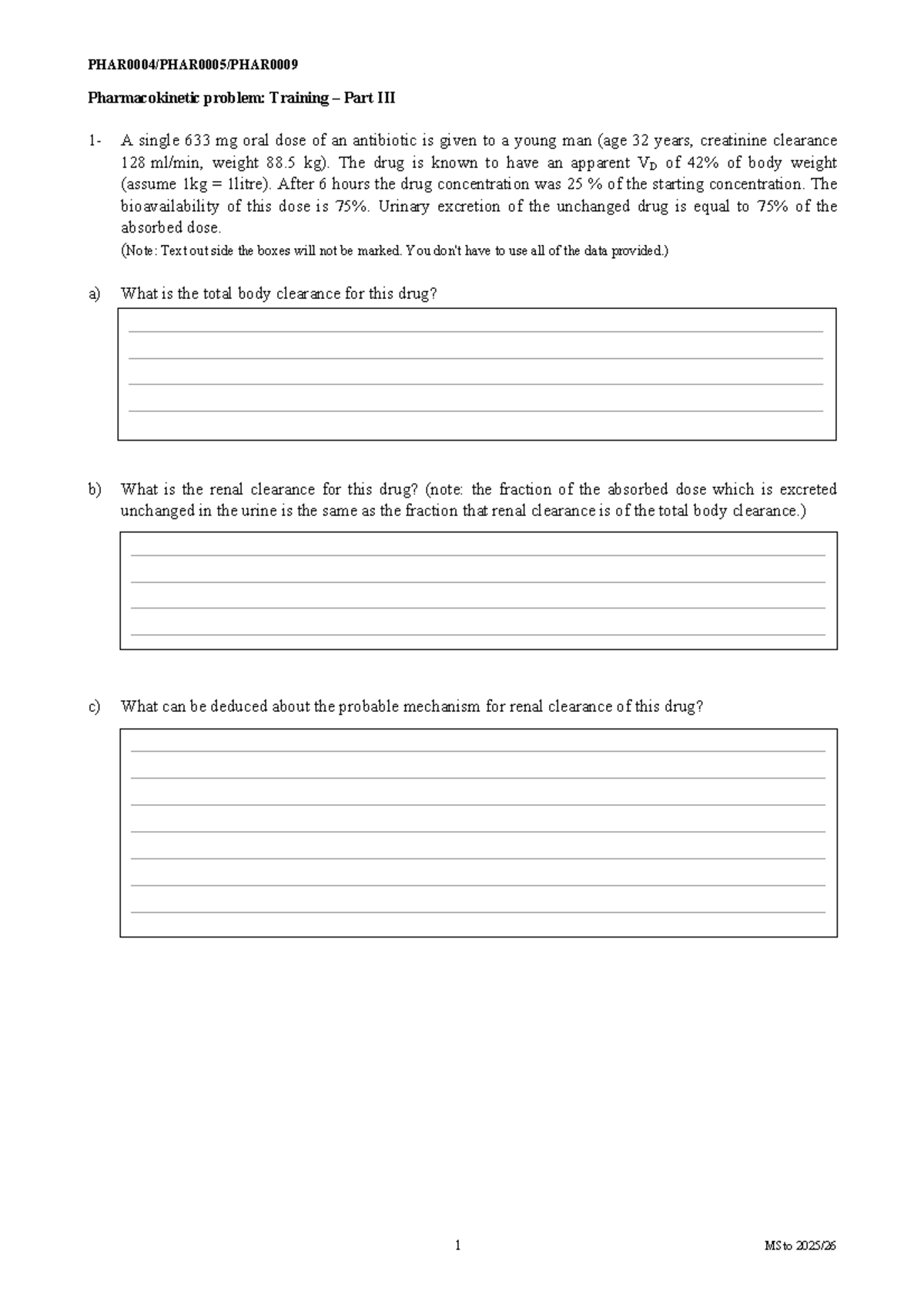 PK3 Exercise: Pharmacokinetics Problem Set for MSto - Studocu