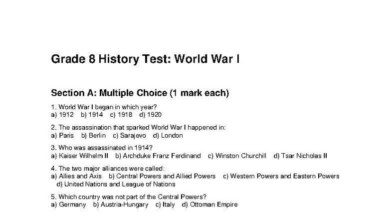 Grade 8 History Test: World War I Overview and Questions - Studocu