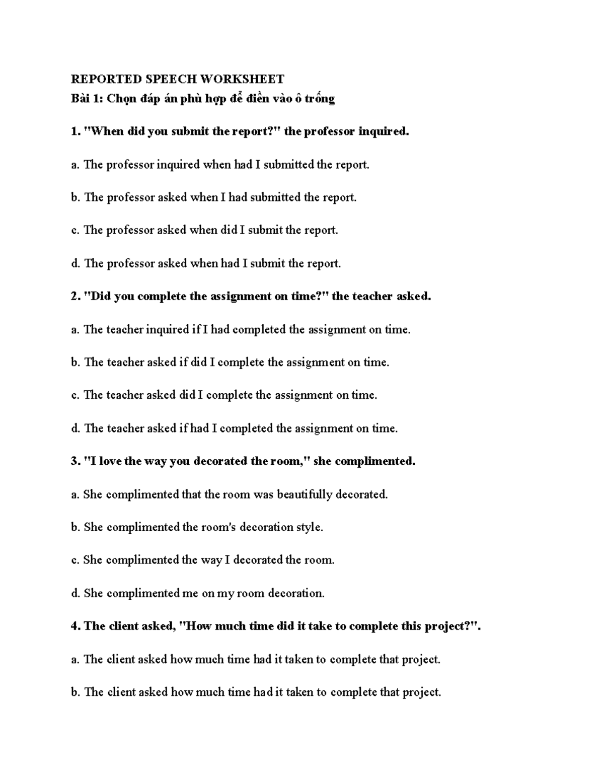 Reported Speech Worksheet: Exercises and Answers - Studocu