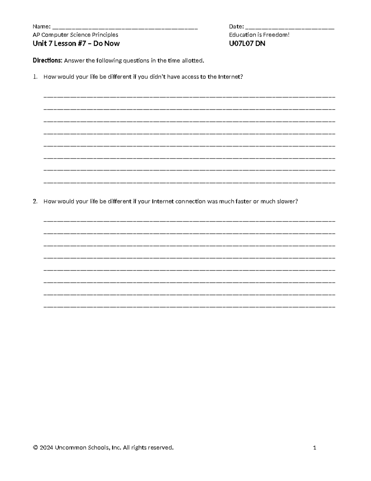 AP Computer Science Principles U07L08 Exit Ticket: The Digital Divide ...