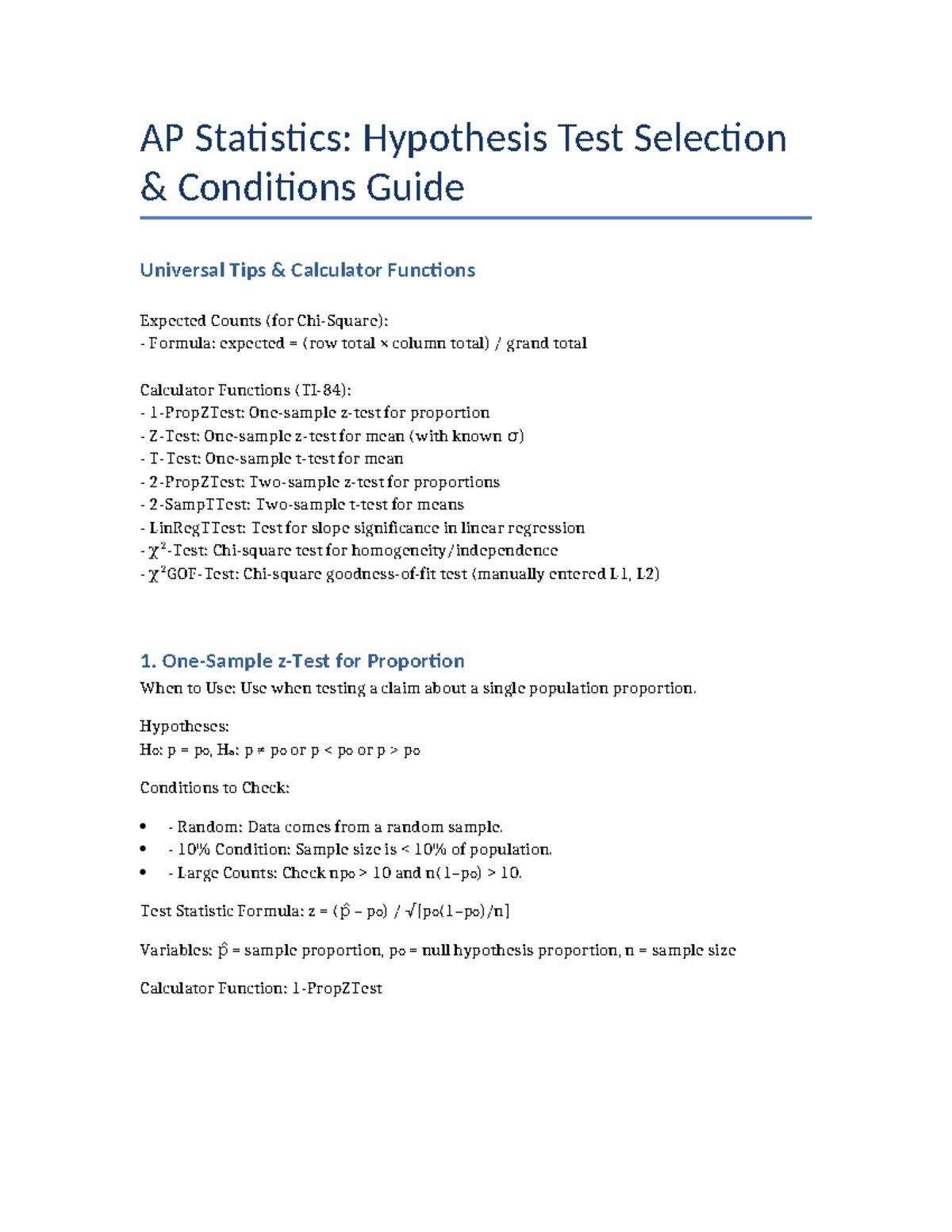 AP Stats: Complete Hypothesis Test Selection Guide & Tips - Studocu