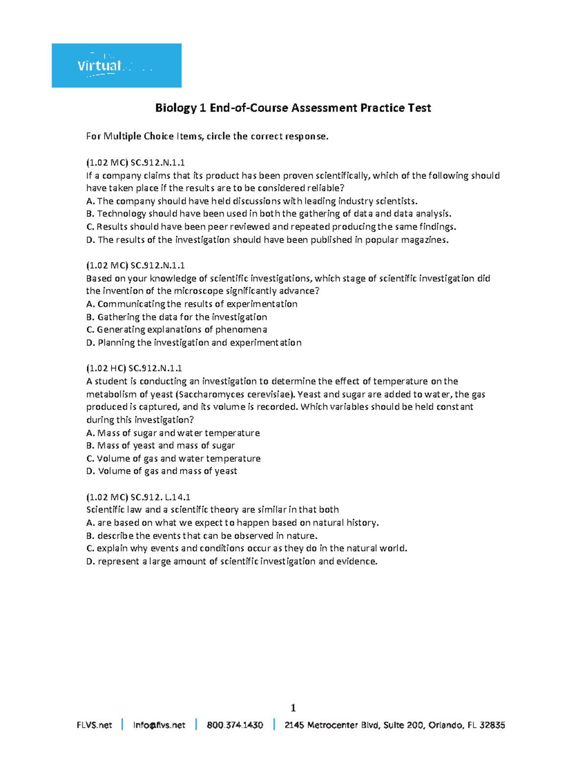 Biology-practice-test - Biology 1 End-­‐of-­‐Course Assessment Practice Test For Multiple Choice ...