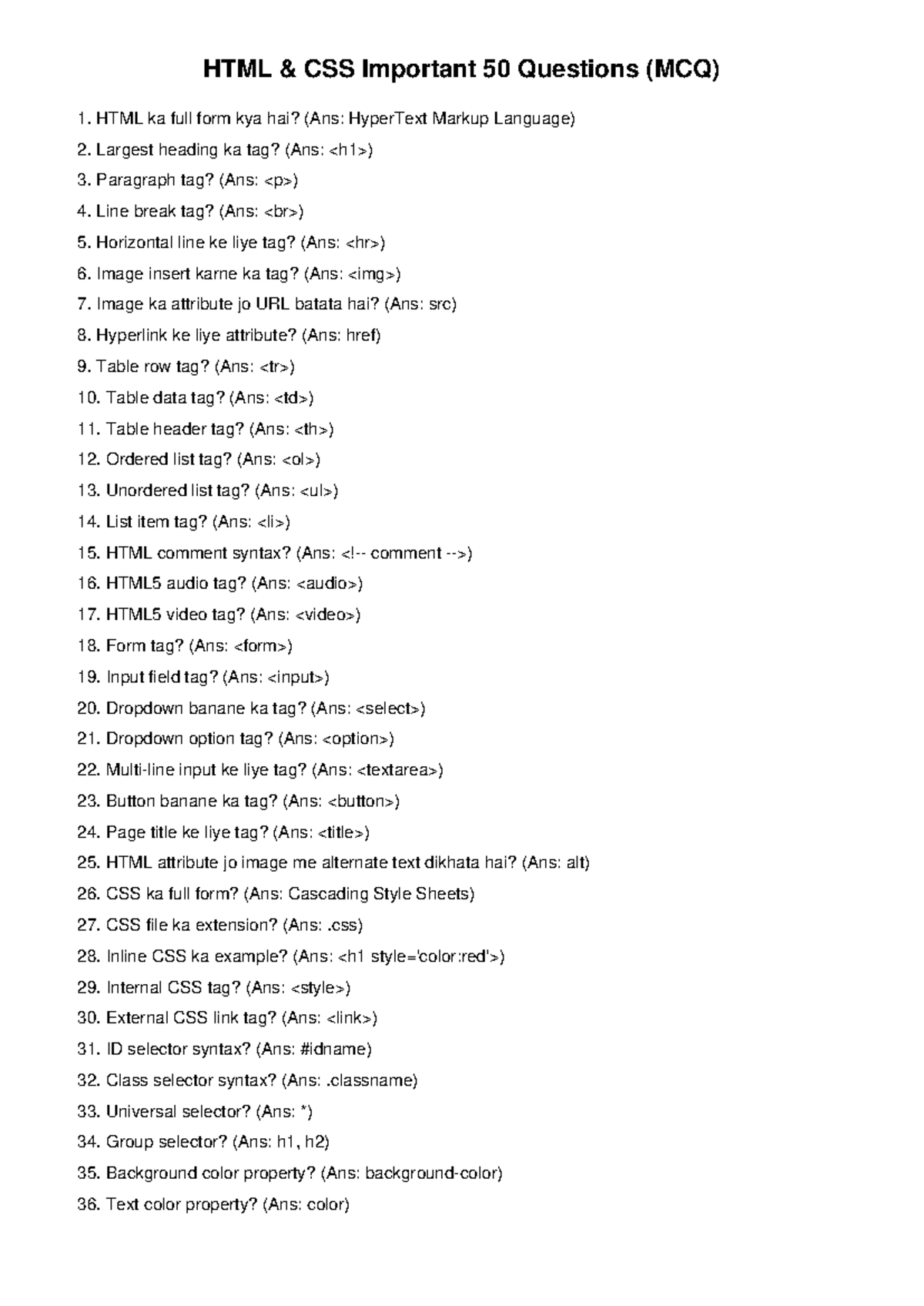 HTML CSS MCQs: 50 Important Questions for Exam Prep - Studocu