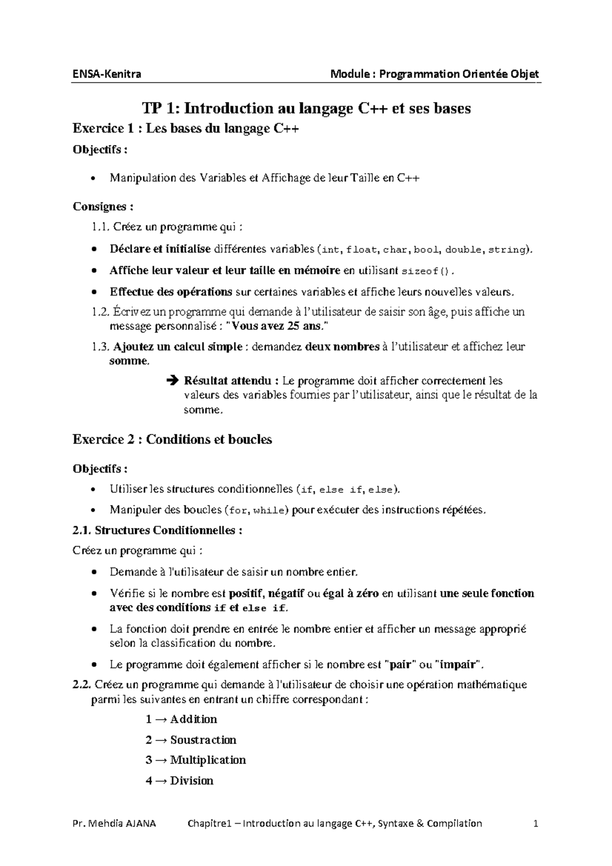 TP1 POO C++: Introduction aux Variables et Structures Conditionnelles ...