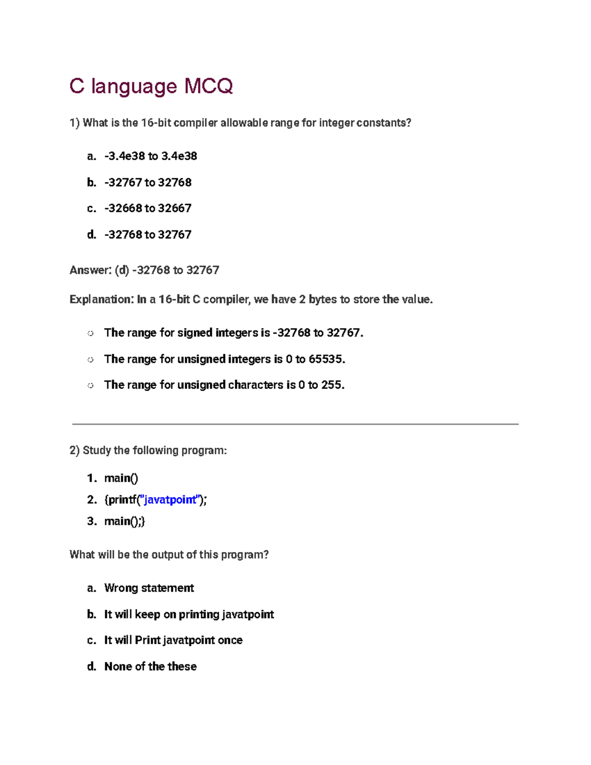 C Language MCQ Practice Questions and Answers for Exam Preparation ...