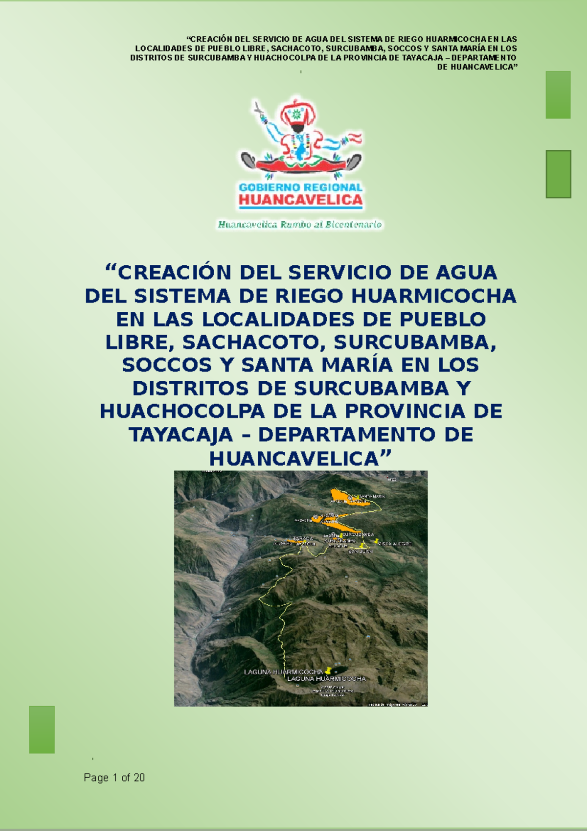 PLAN DE TRABAJO PARA EL PROYECTO DE AGUA RIEGO HUARMICOCHA - Document Preview