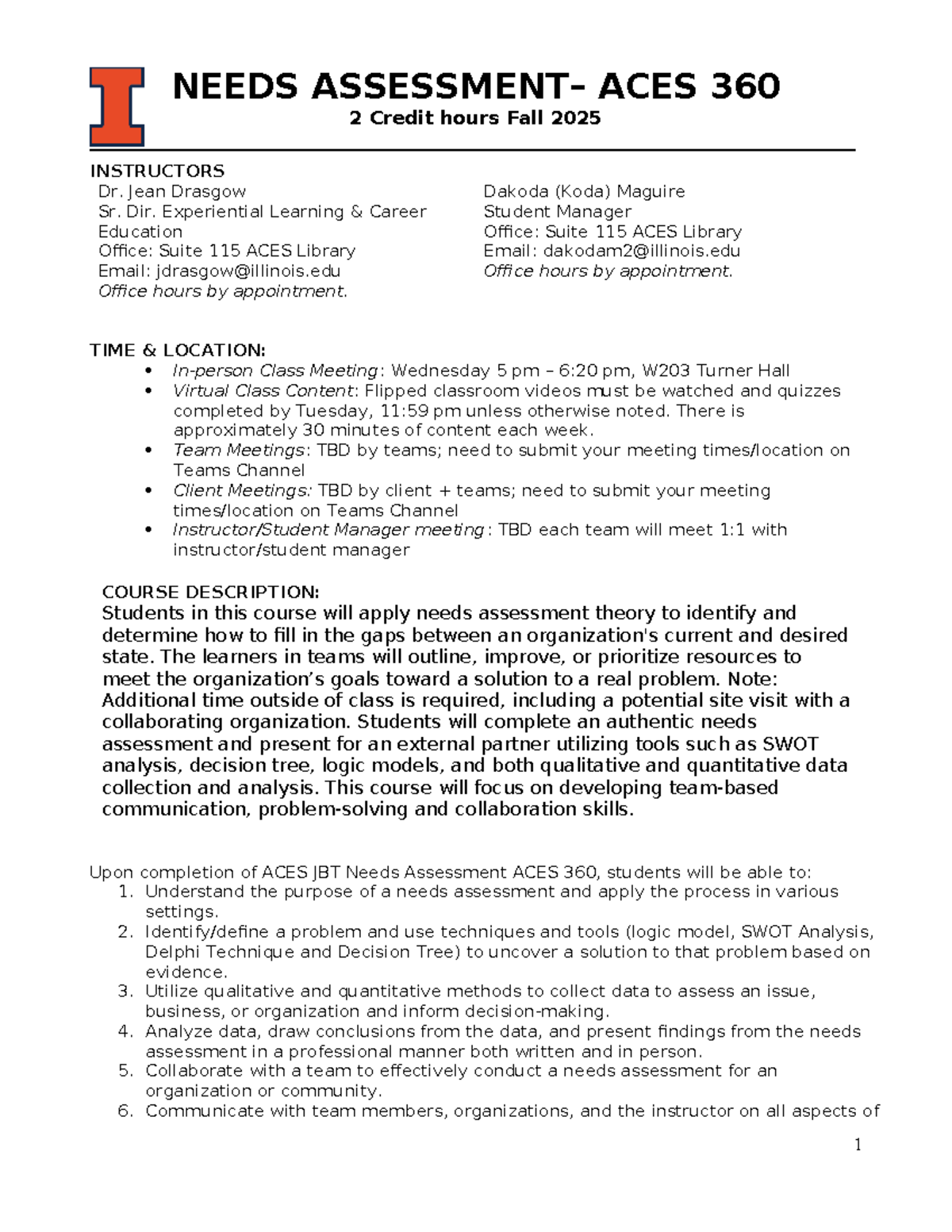 ACES 360: Needs Assessment Course Syllabus - Fall 2025 - Studocu