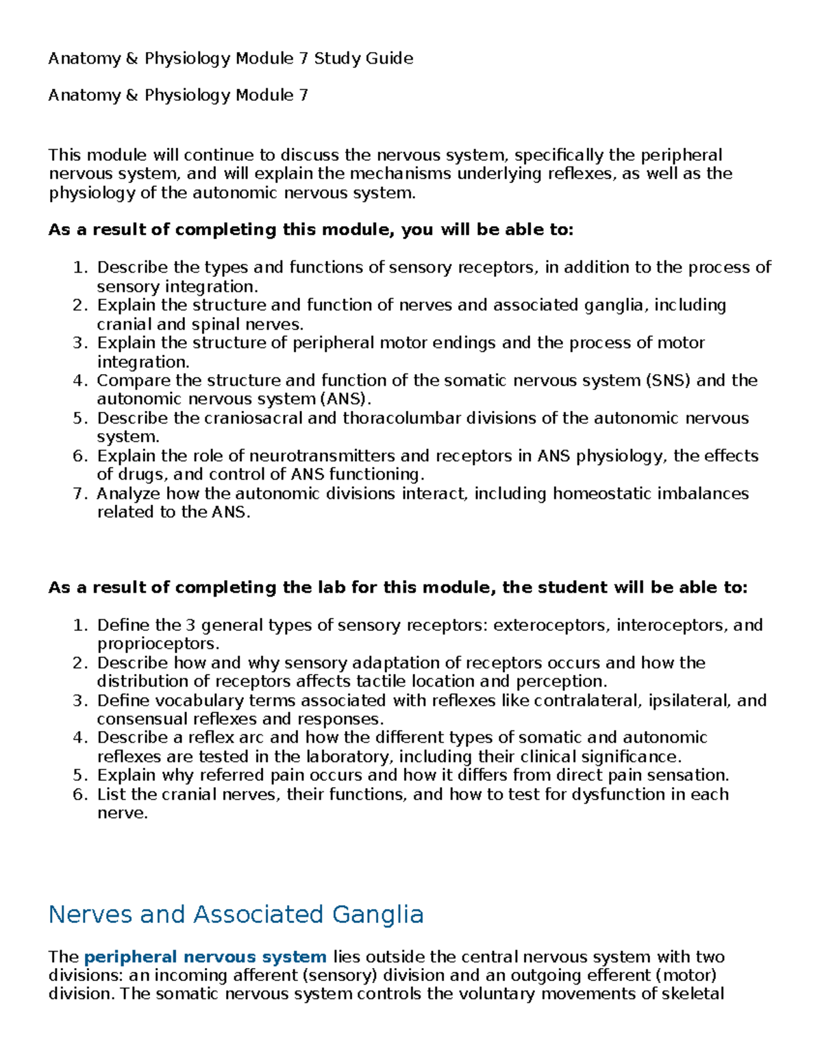 Anatomy & Physiology Module 7 Study Guide: Nervous System Insights ...