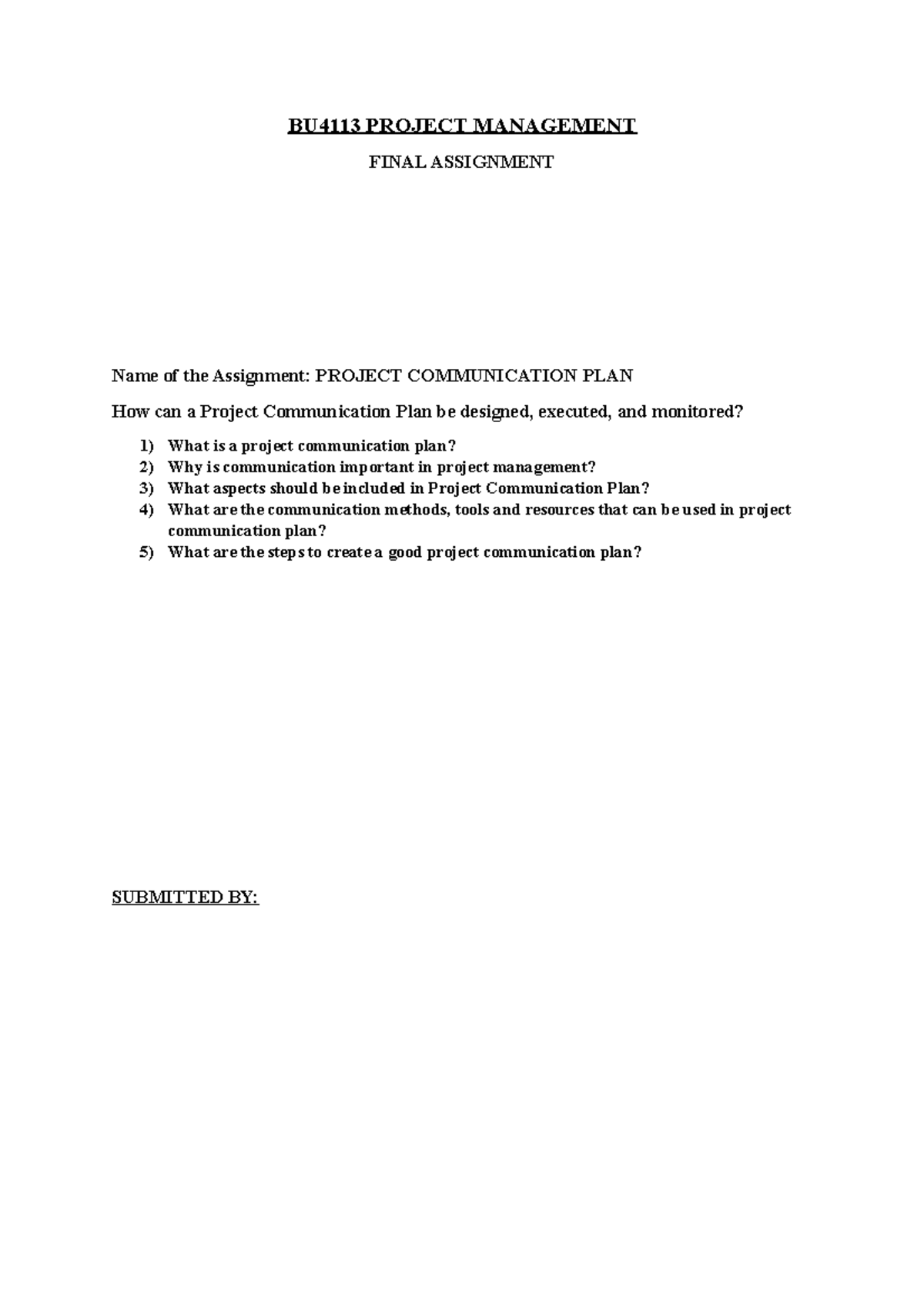 BU4113 Final Assignment - BU4113 PROJECT MANAGEMENT FINAL ASSIGNMENT ...