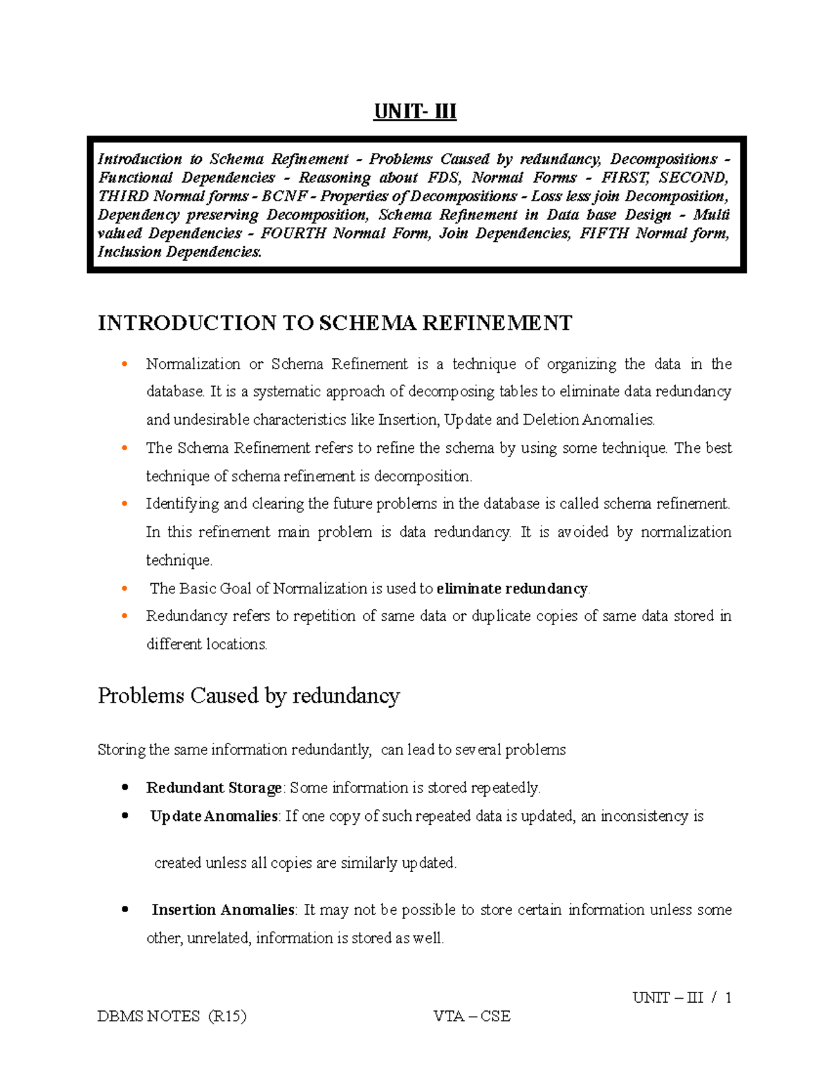 Unit 3 Notes on Schema Refinement and Normal Forms in DB Design - Studocu