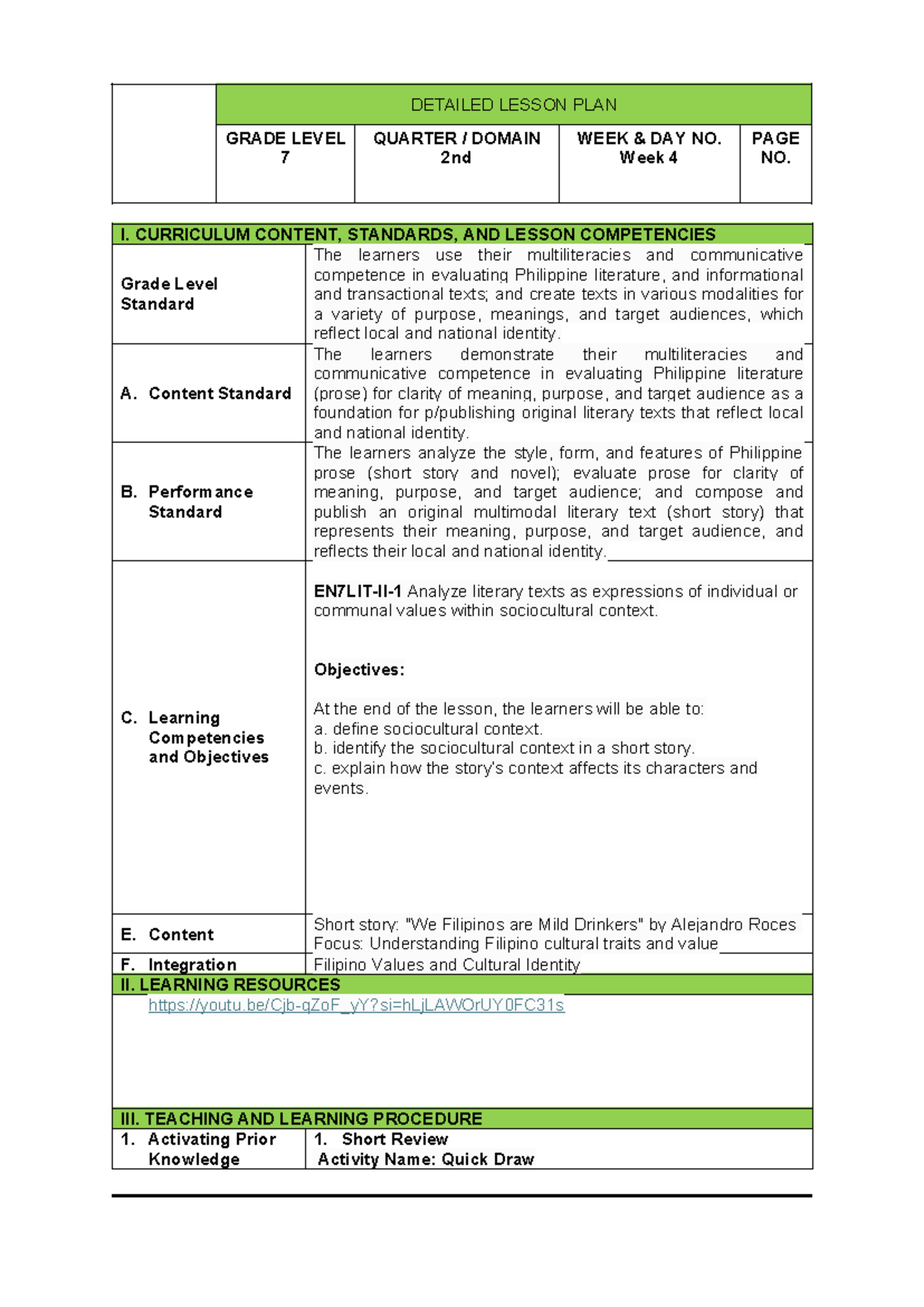Detailed Lesson Plan: Sociocultural Context in Literature (Grade 7) - Document Preview