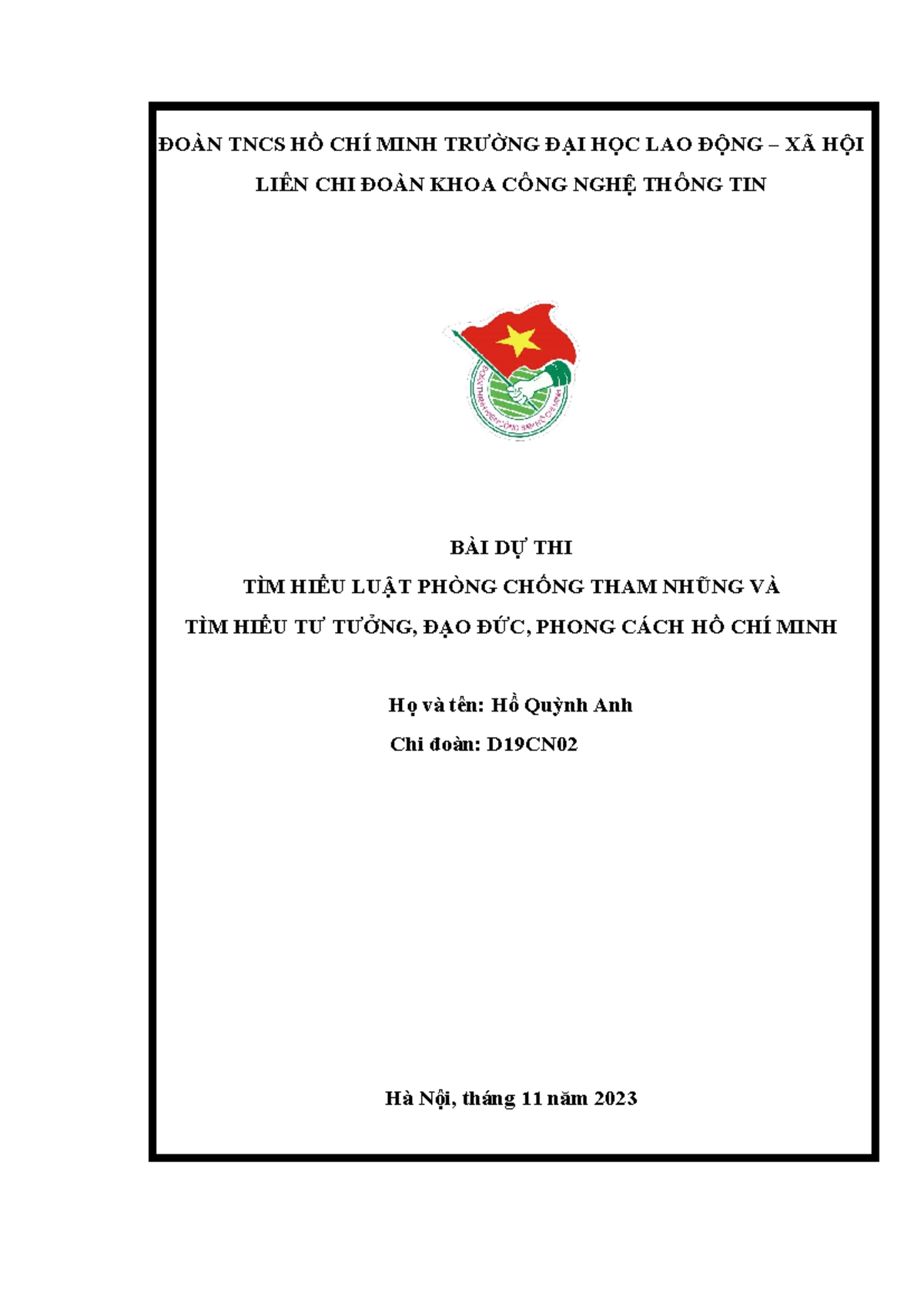Bài Dự Thi Tìm Hiểu Luật PCTN và Tư Tưởng Hồ Chí Minh - D19CN02 - Studocu