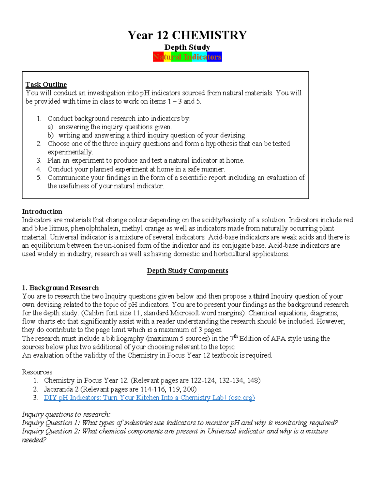 Year 12 CHEMISTRY Depth Study: Natural Indicators Task Outline - Studocu