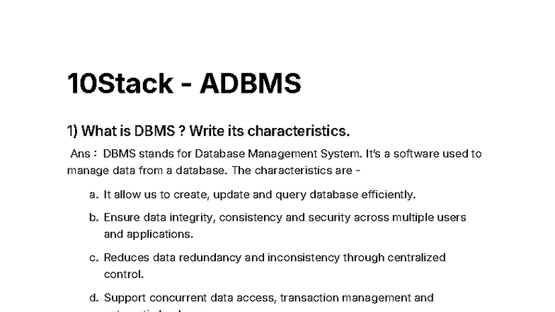 10Stack ADBMS: Comprehensive Guide to Database Management Systems - Studocu