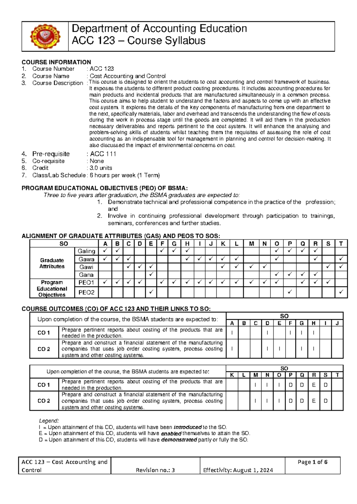 ACC 123 Cost Accounting and Control Course Syllabus Overview - Studocu