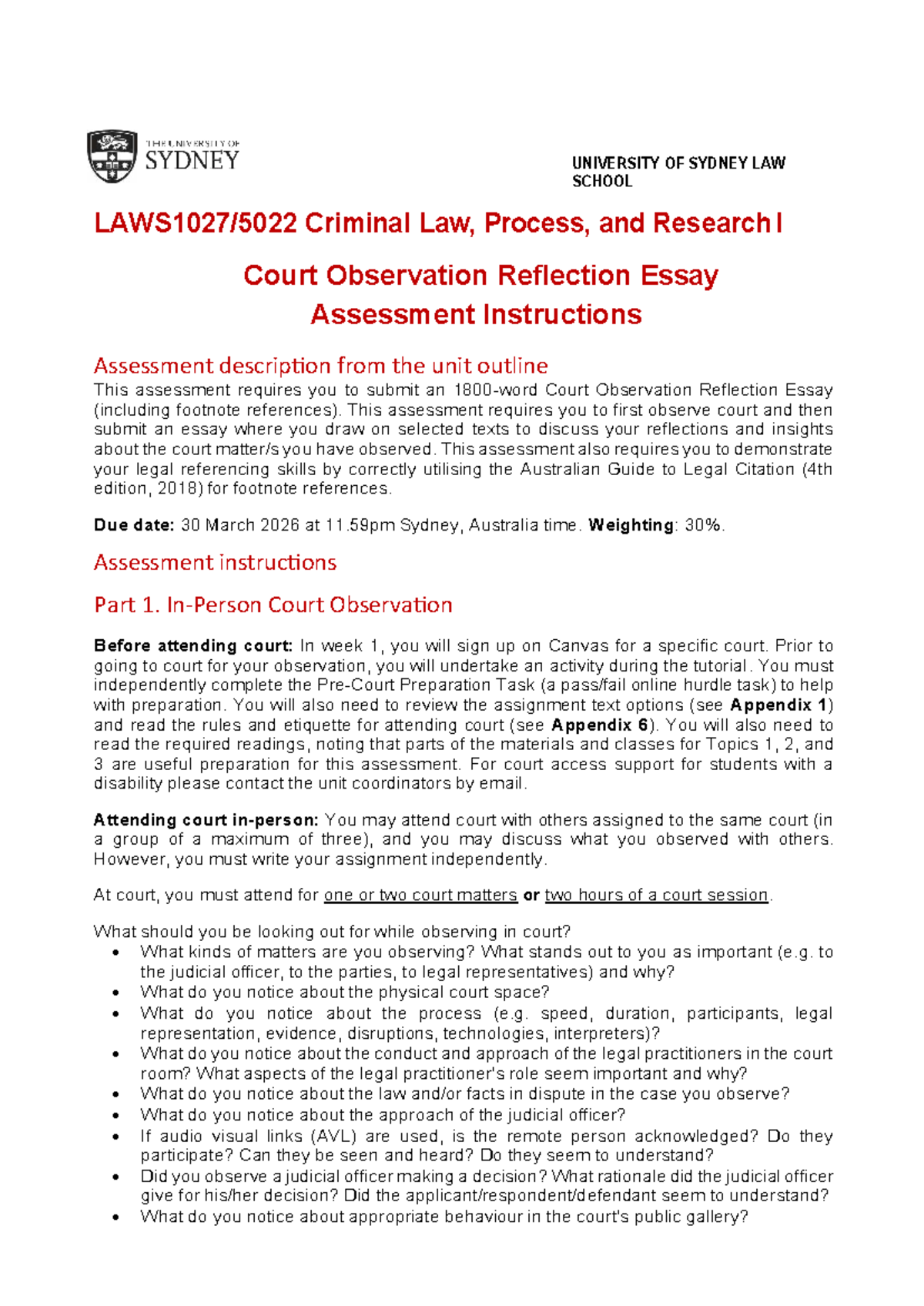 LAWS1027 Court Observation Reflection Essay Guidelines 2026 - Studocu