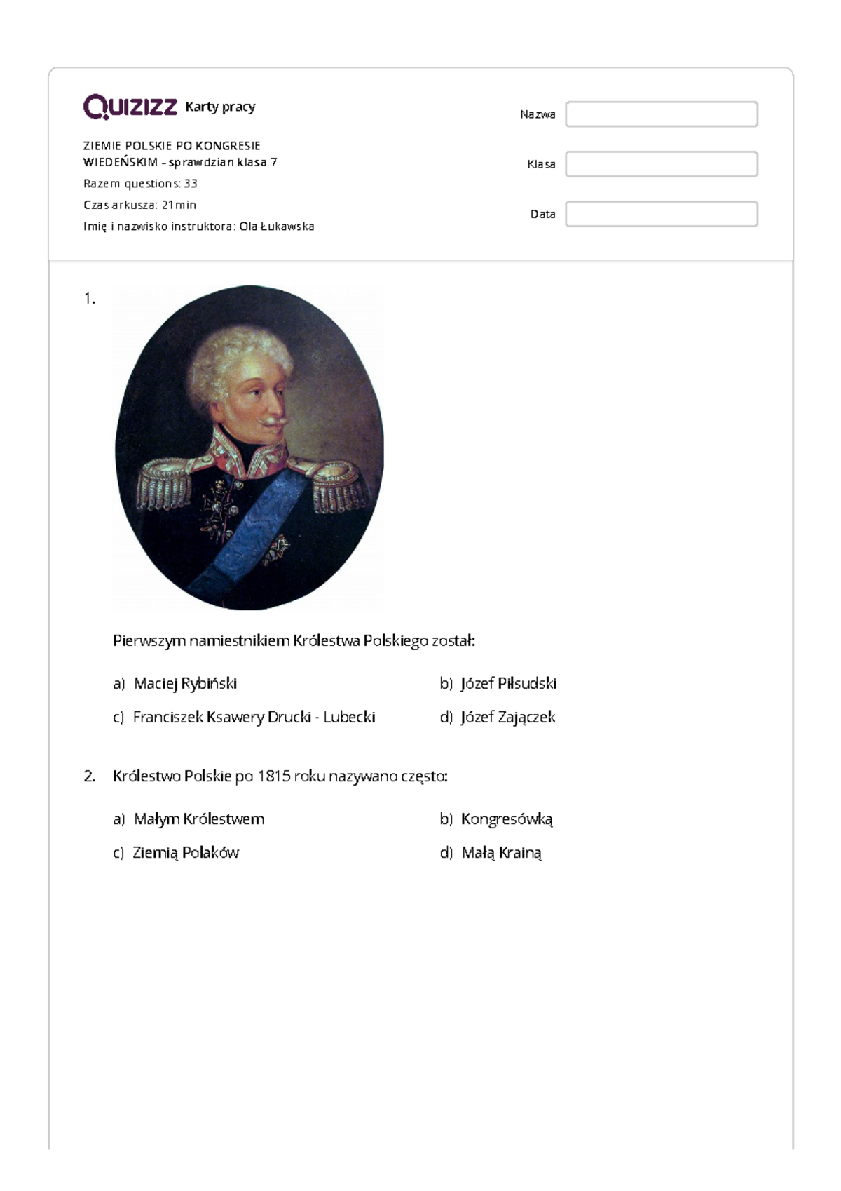 Ziemie Polskie po Kongresie Wiedeńskim - Sprawdzian Klasa 7 Quizizz