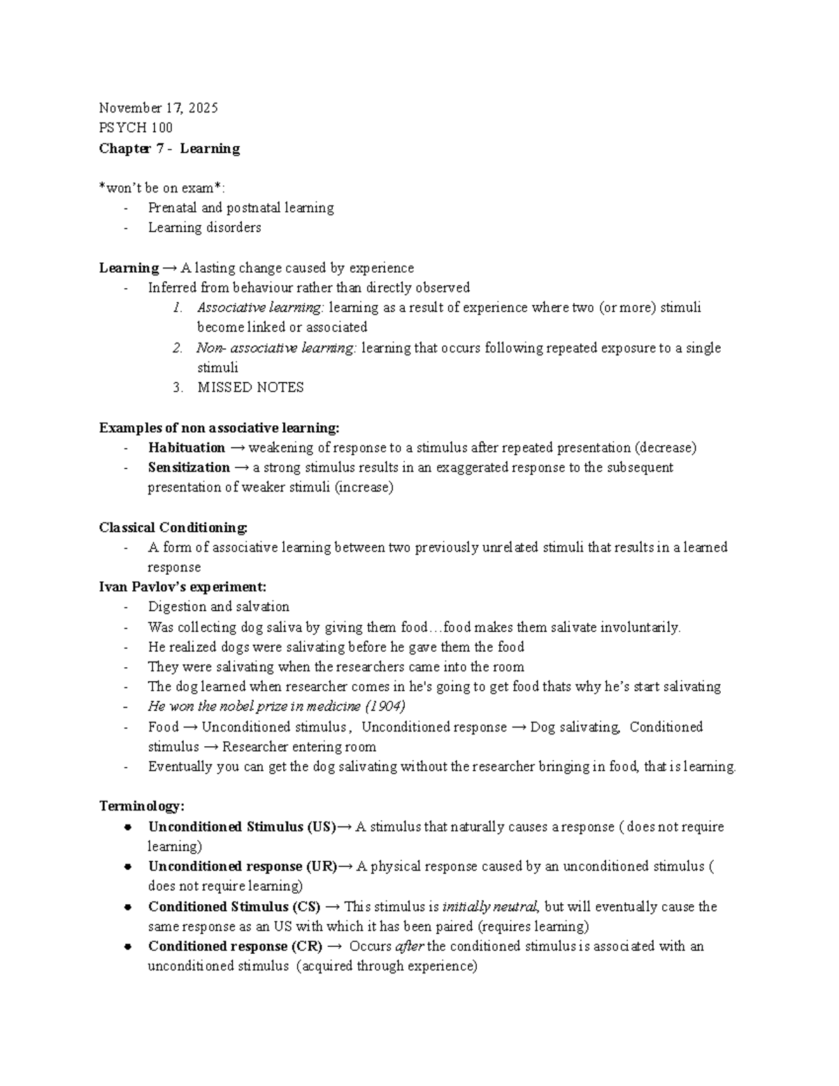 PSYCH 100 Final Exam Notes: Chapter 7 - Learning Concepts - Studocu