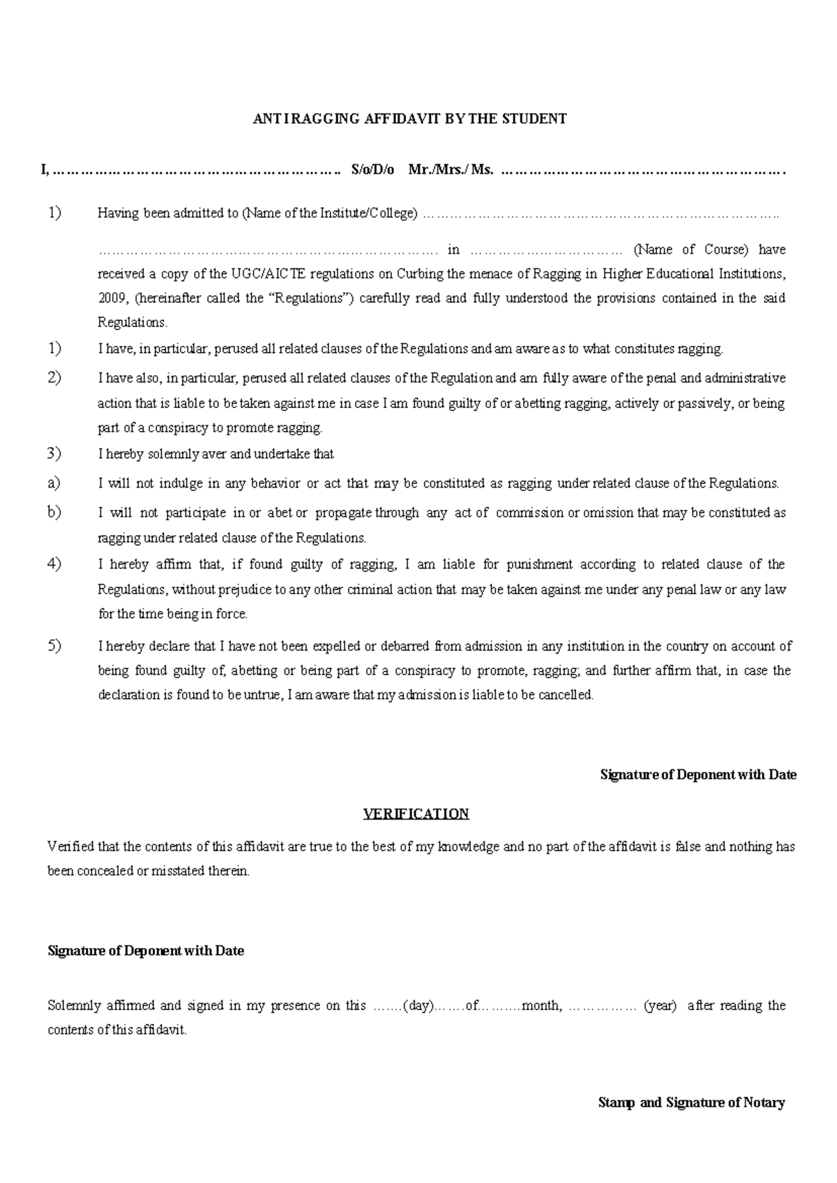Anti Ragging affidavit - ANTI RAGGING AFFIDAVIT BY THE STUDENT I, - Studocu