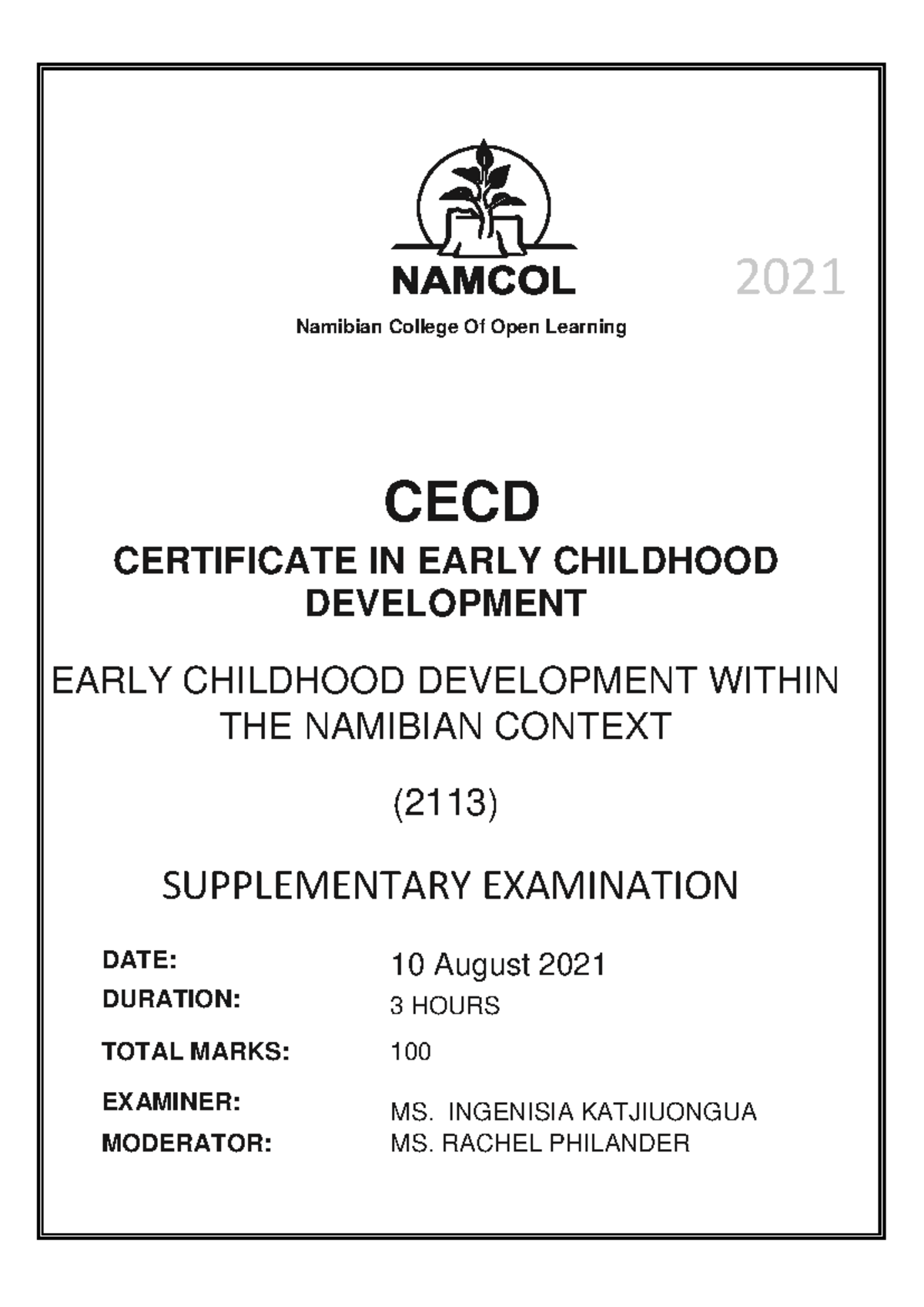 CECD 2113 Supplementary Exam: Early Childhood Development 2021 - Studocu