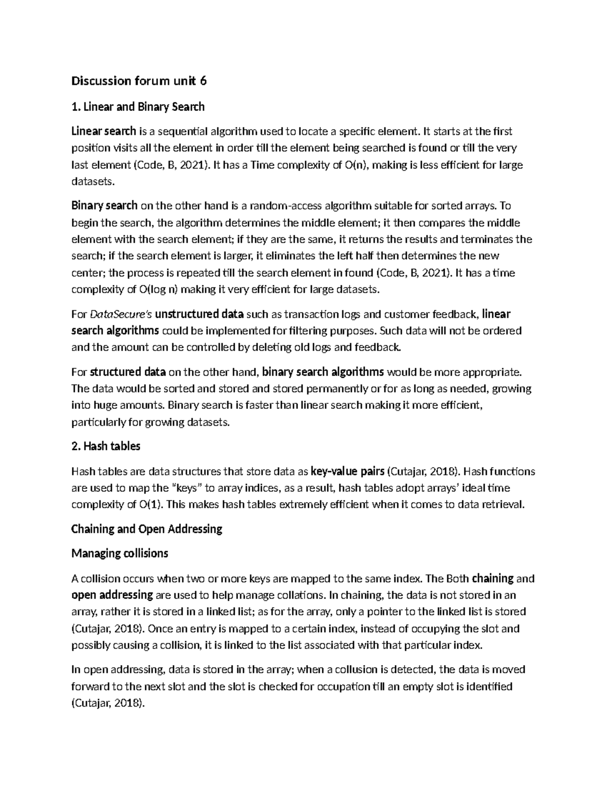 Unit 6 Discussion: Linear & Binary Search Algorithms - Studocu