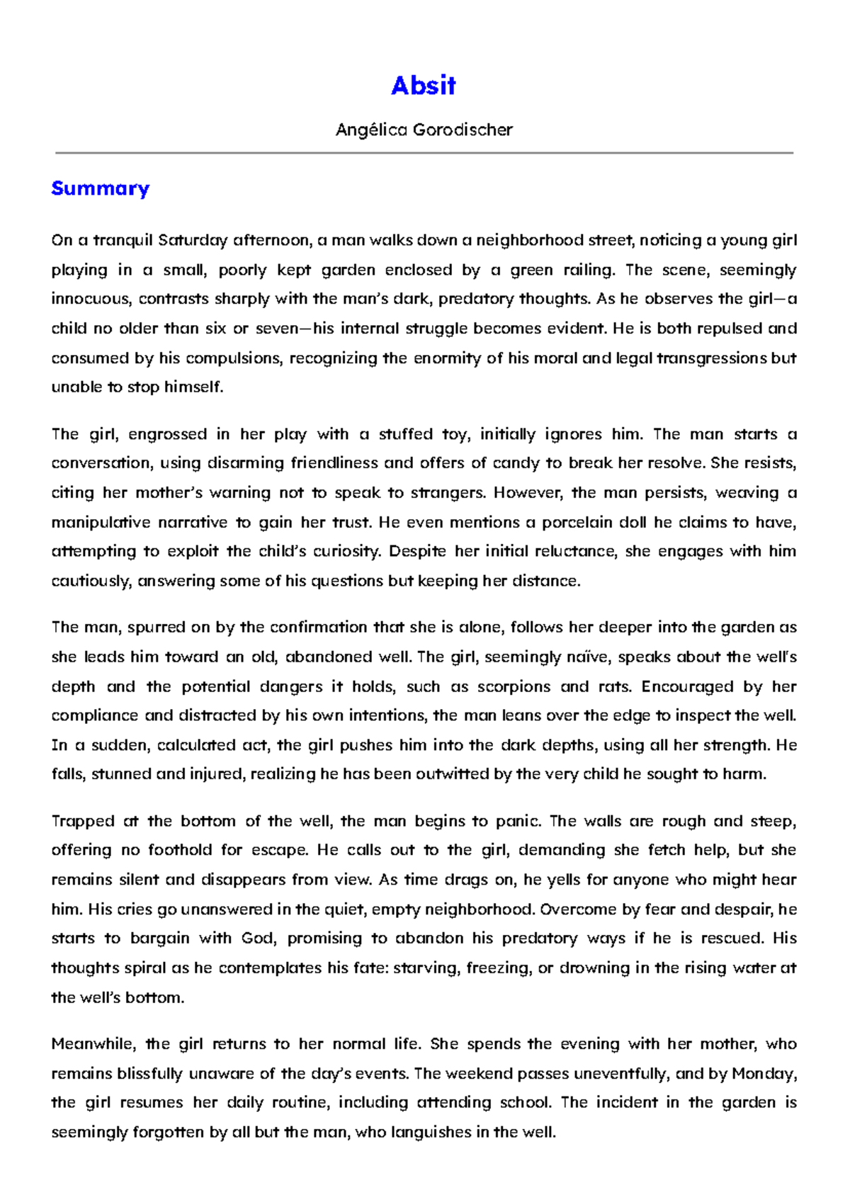 Absit Angélica (Analysis of Themes and Character Dynamics) - Studocu