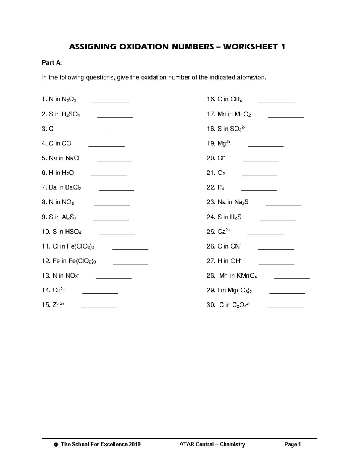 Oxidation Numbers Worksheet - Chemistry 2019 ATAR - Studocu