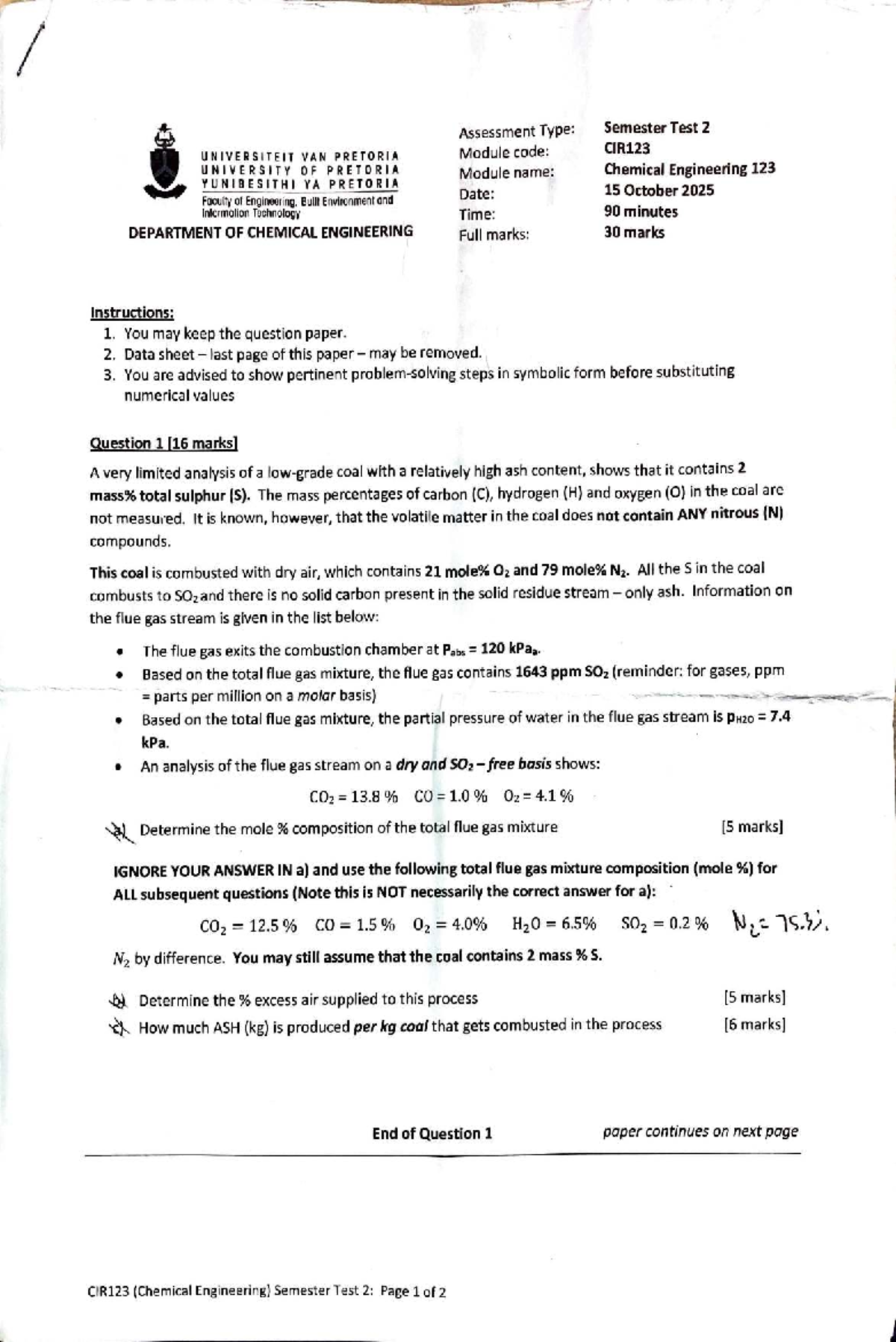 CIR123 Semester Test 2: Chemical Engineering Analysis 2025 - Studocu