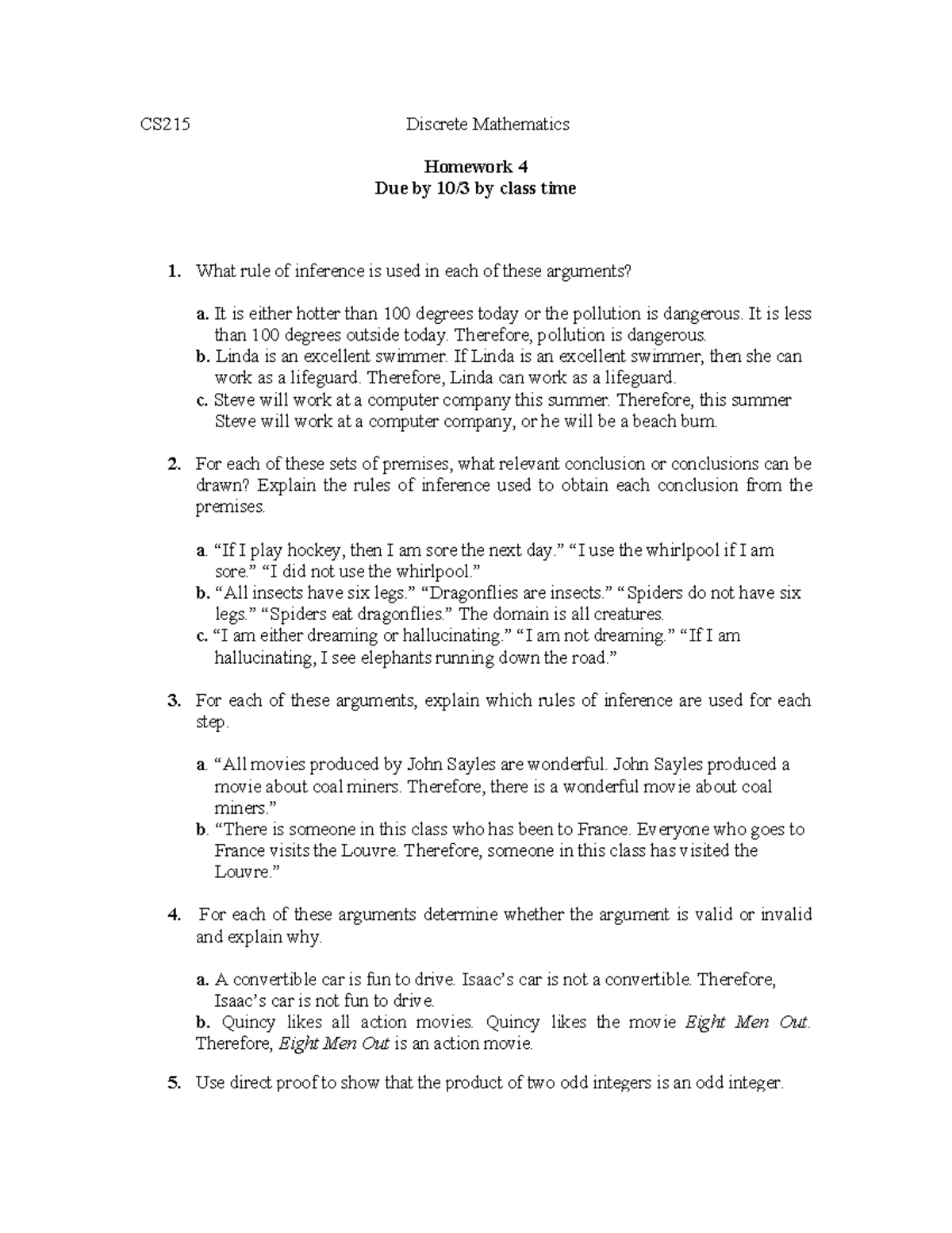 CS215 Discrete Mathematics Homework 4: Inference Rules & Proofs - Studocu