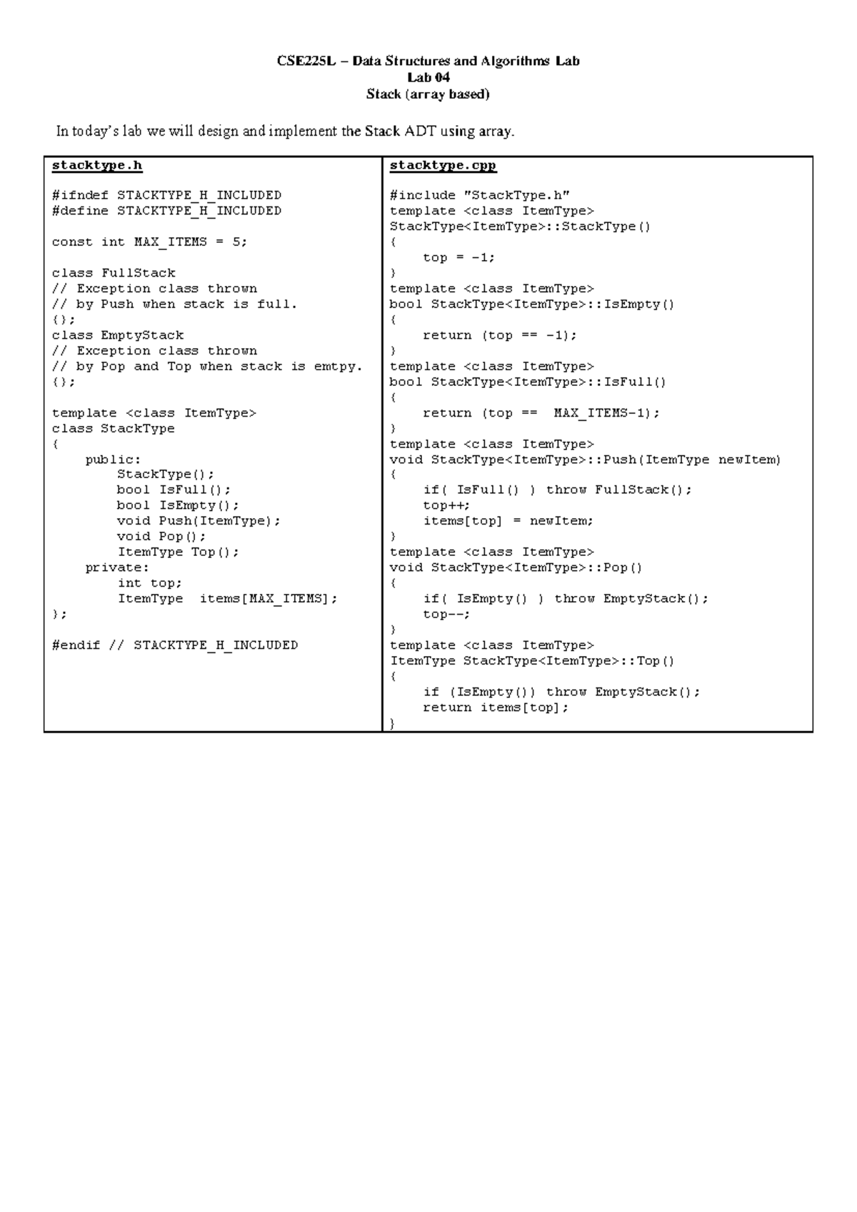 CSE225L Lab 04: Stack ADT Implementation Using Arrays - Studocu