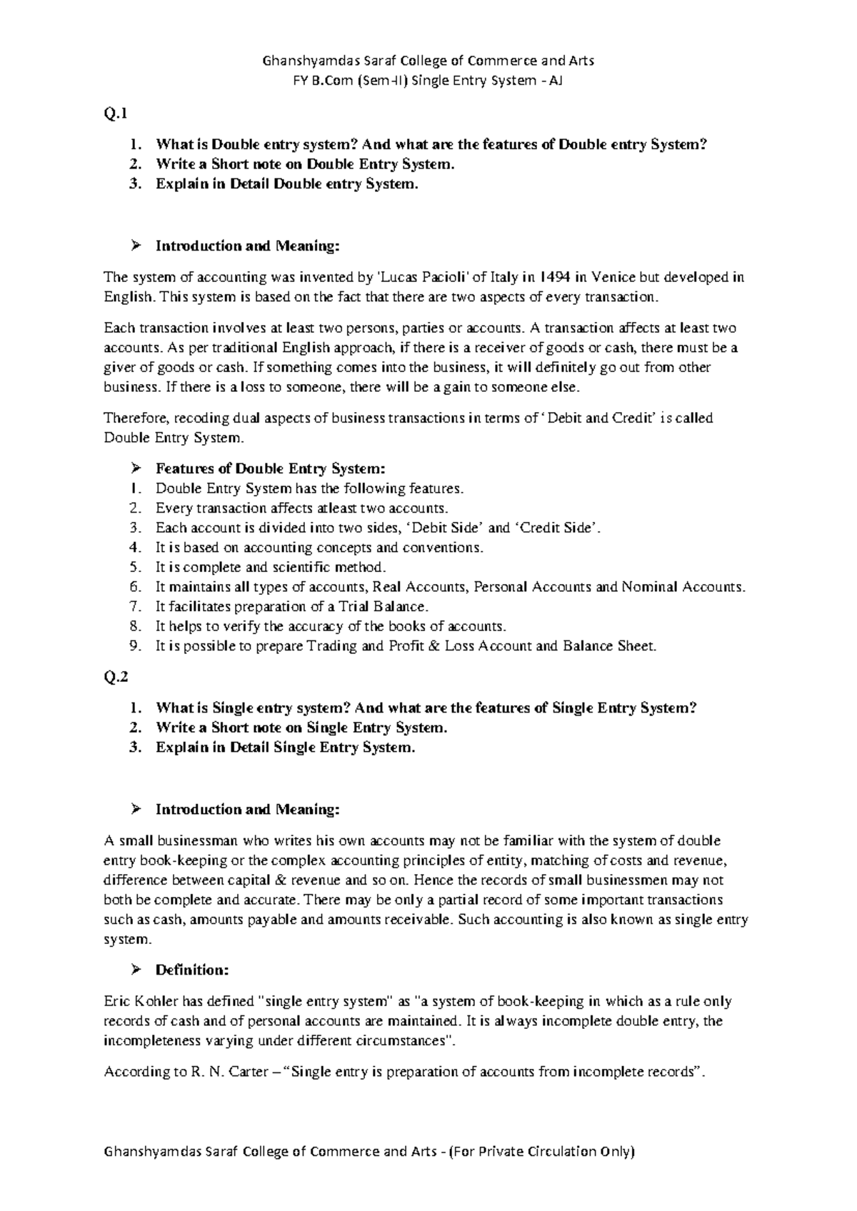 Single Entry System Theory Notes - FY B (Sem-II) Single Entry System ...