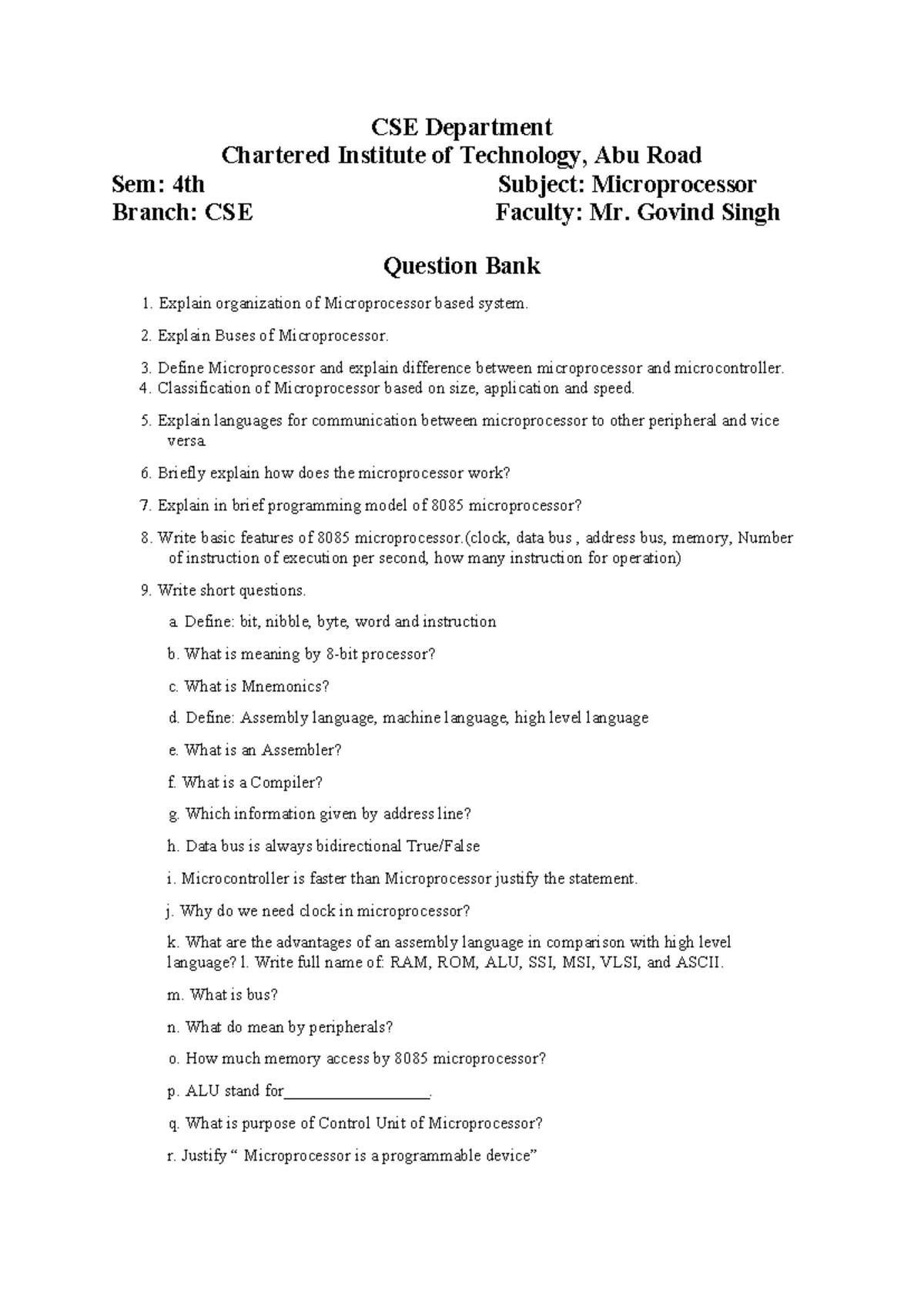 Model Paper MI - Microprocessor 8085 Lecture Notes for B.Tech IV Sem ...