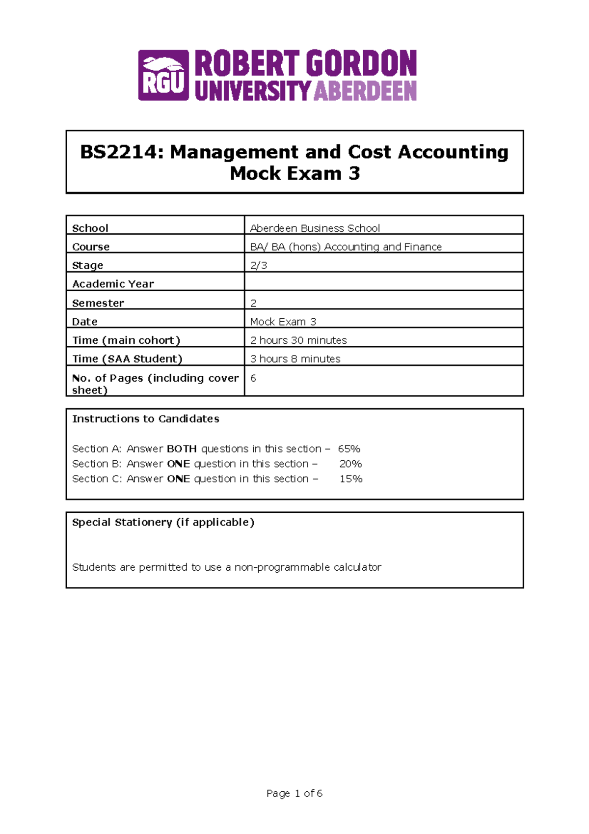 BS2214 Mock Exam 3: Management & Cost Accounting Solutions - Studocu