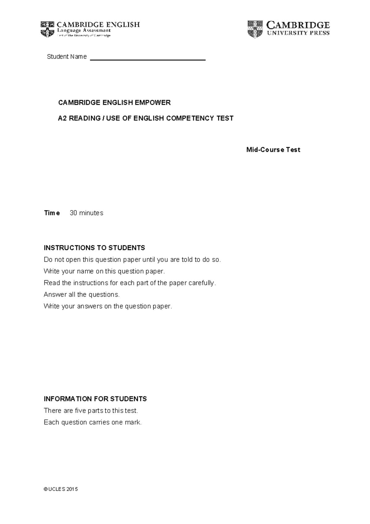 Cambridge English Empower A2 Mid-Course Reading & Use of English Test ...