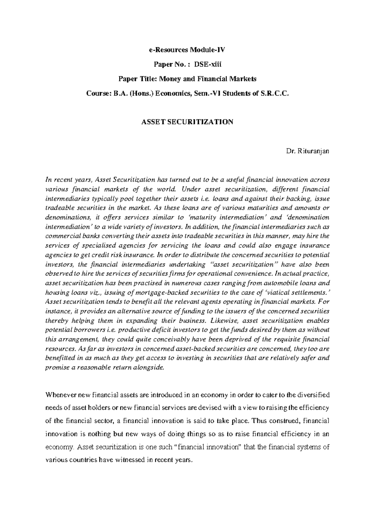 Asset Securitization in Money and Financial Markets - DSE-XIII Notes ...