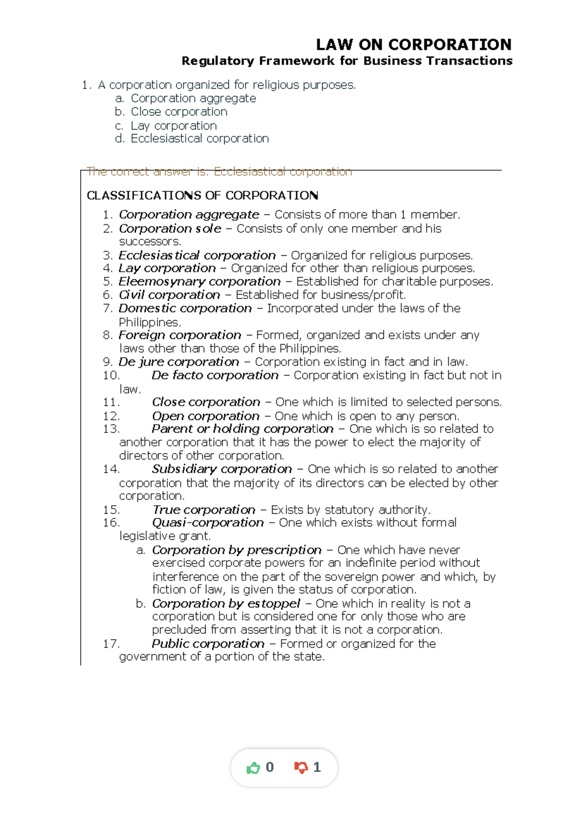 LAW ON CORPORATION: Test Bank with Revised Corporate Code References ...