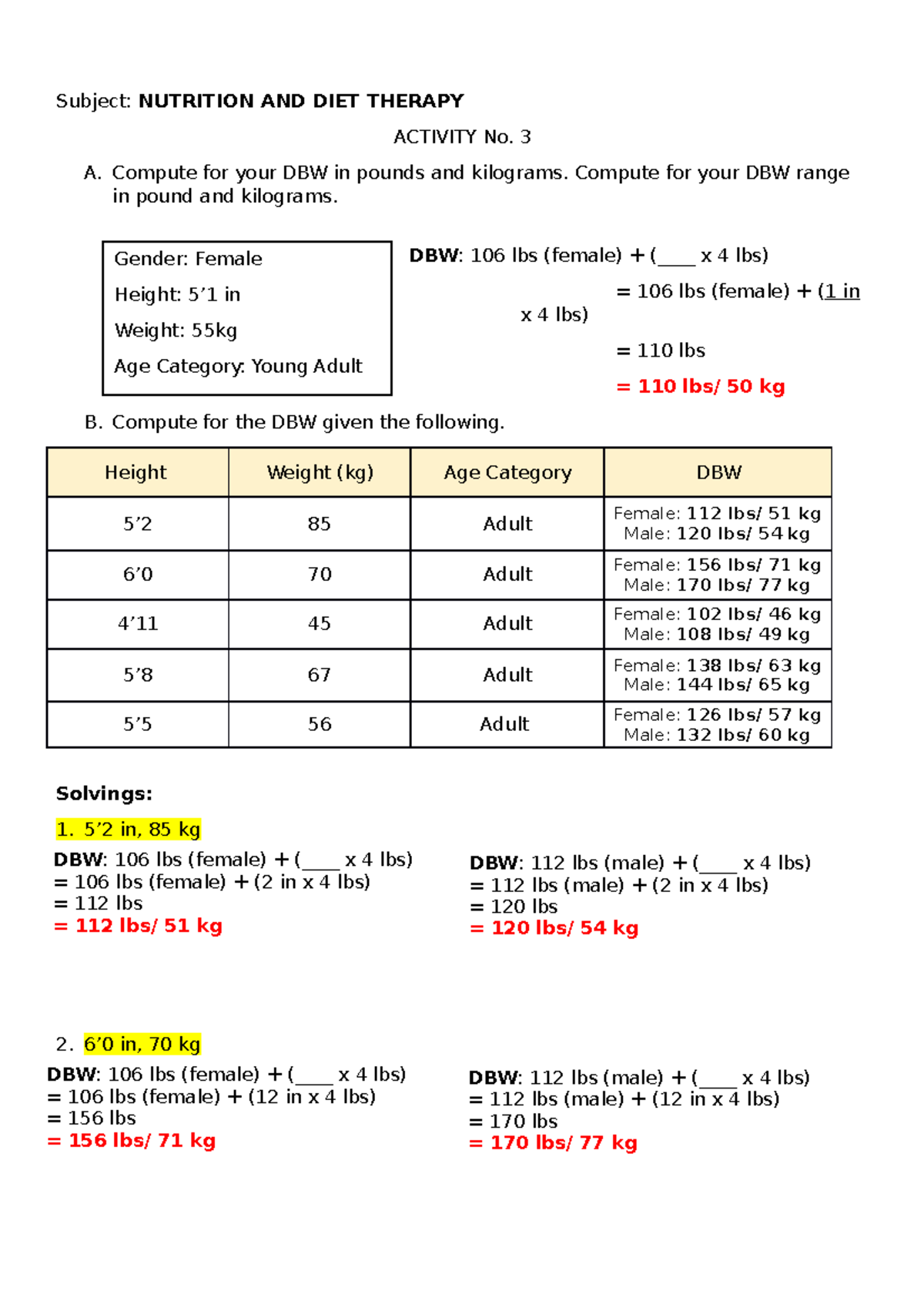 DBW DBW calculation Subject NUTRITION AND DIET THERAPY ACTIVITY No. 3 A. Compute for your DBW Studocu