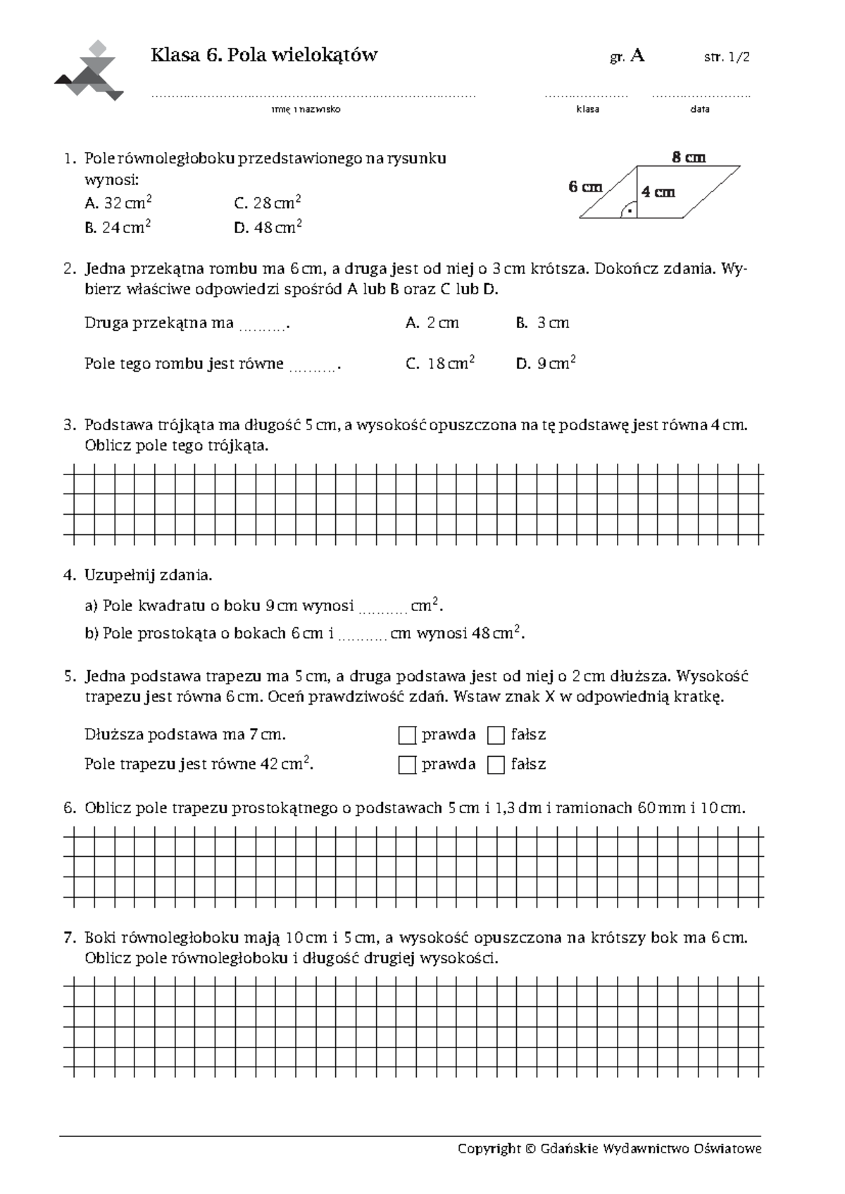Pola Wielokątów Sprawdzian 1 Gimnazjum Zadania www.studocu.com