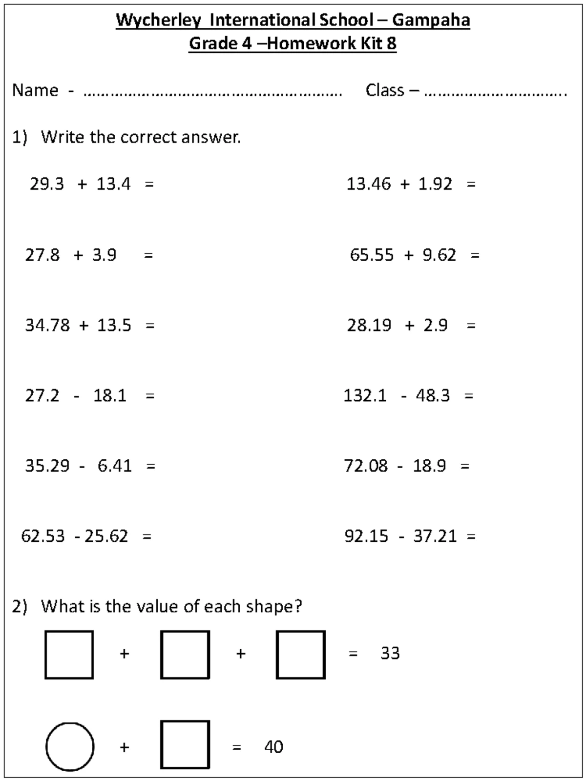 Grade 4 Math Homework Kit 2 - Wycherley Int. School Gampaha - Studocu